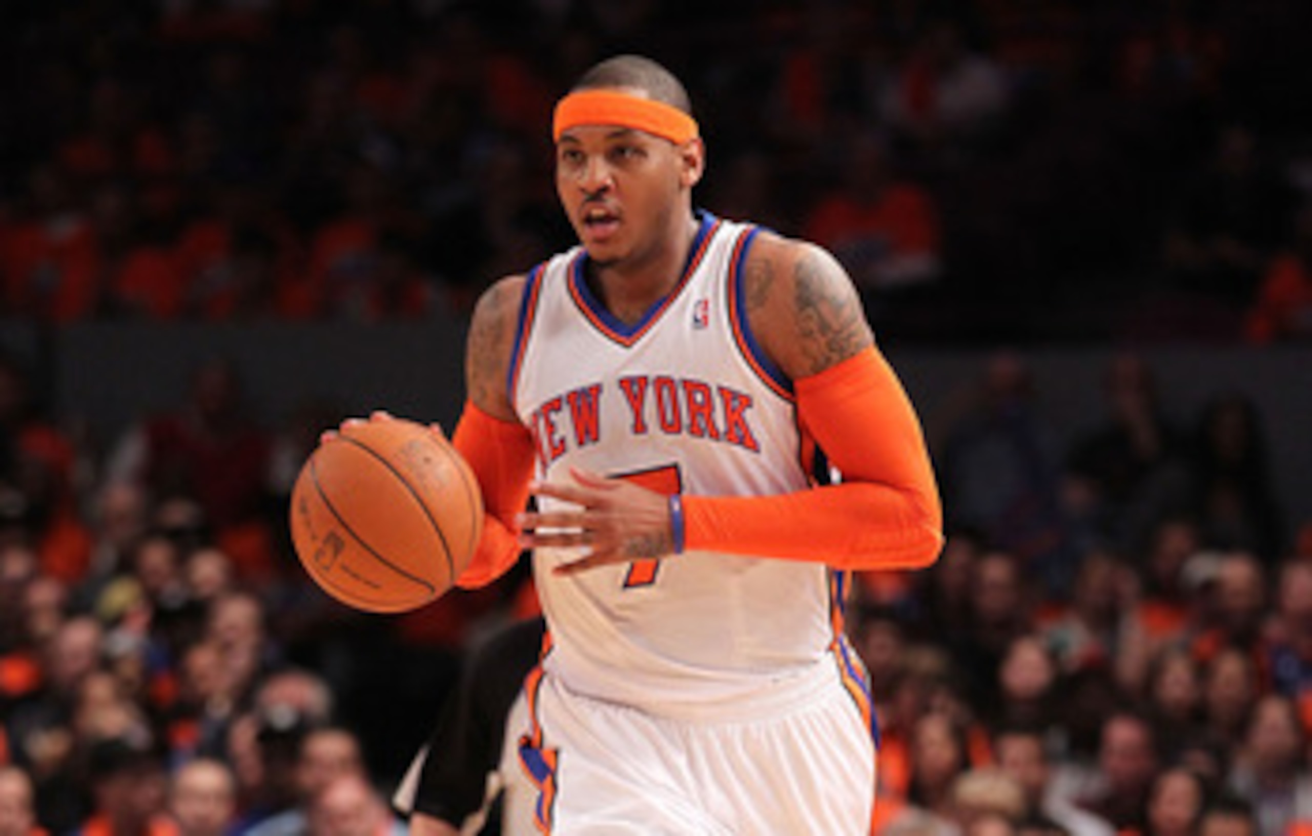 NEW YORK, NY - APRIL 24:  Carmelo Anthony #7 of the New York Knicks brings the ball up court agaist the Boston Celtics in Game Four of the Eastern Conference Quarterfinals during the 2011 NBA Playoffs on April 24, 2011 at Madison Square Garden in New York