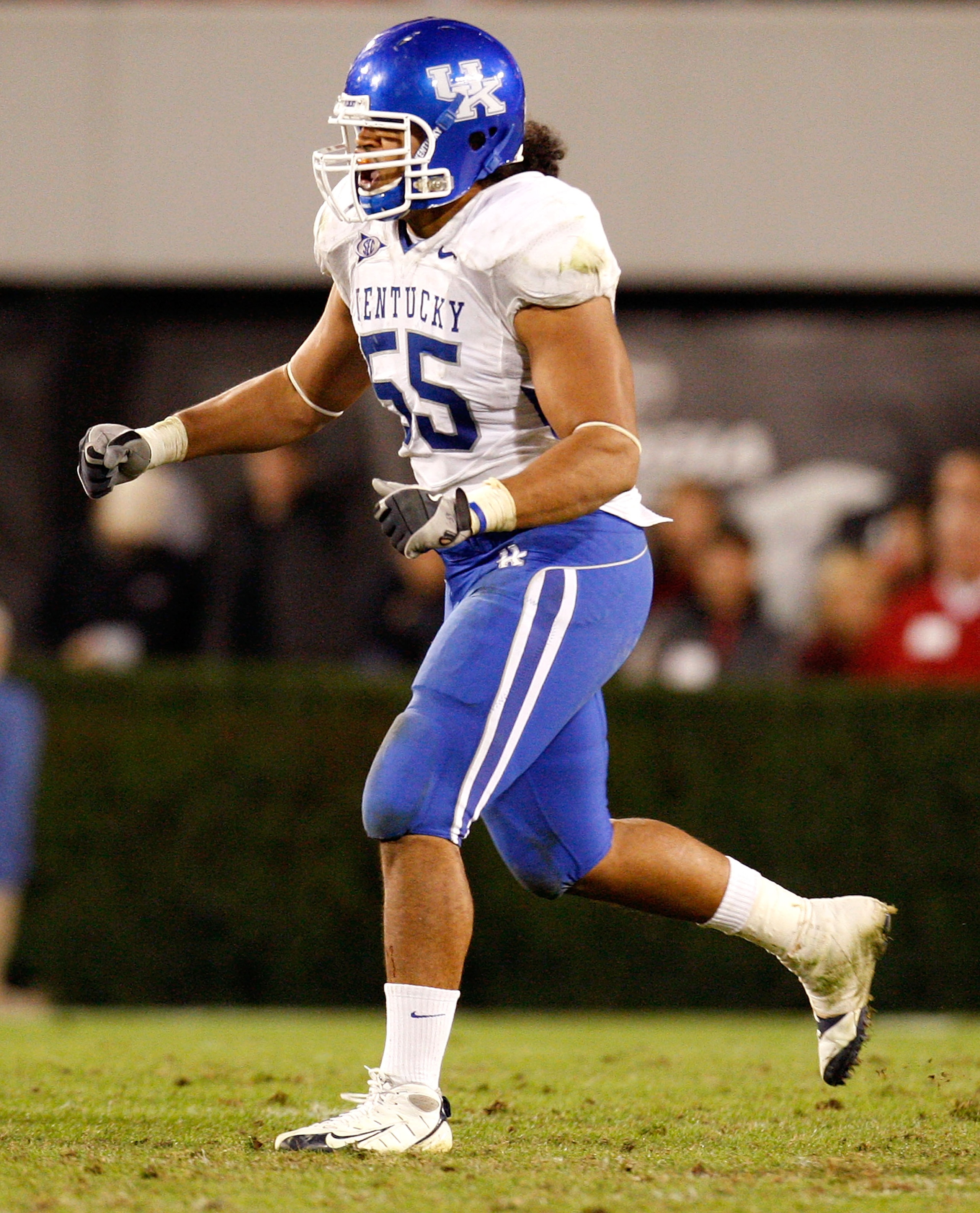 ATHENS, GA - NOVEMBER 21:  DeQuin Evans #55 of the Kentucky Wildcats celebrates after breaking up a pass by the Georgia Bulldogs at Sanford Stadium on November 21, 2009 in Athens, Georgia.  (Photo by Kevin C. Cox/Getty Images)