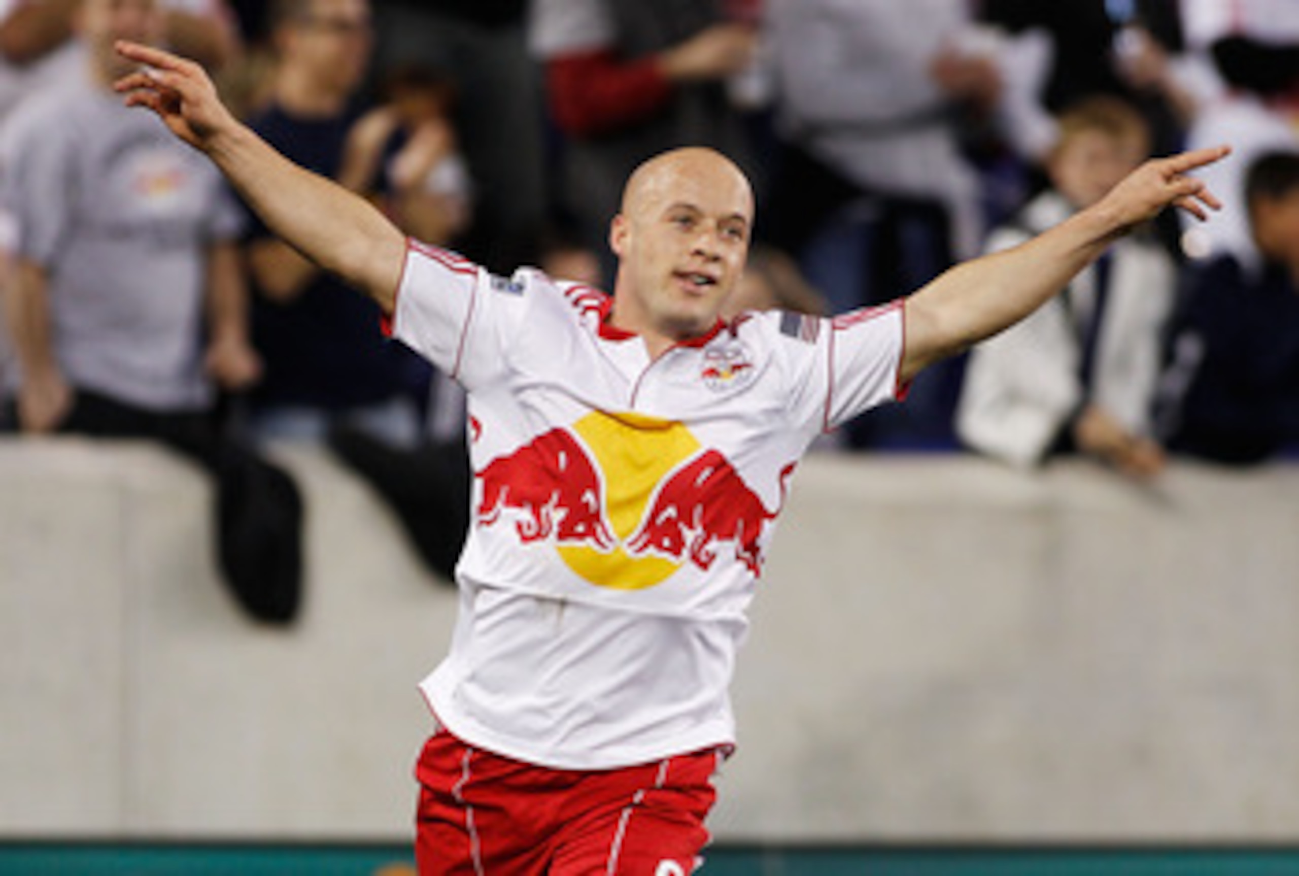 HARRISON, NJ - APRIL 30:  Luke Rodgers #9 of the New York Red Bulls celebrates his goal in the 22nd minute against Sporting KC on April 30, 2011 at Red Bull Arena in Harrison, New Jersey. (Photo by Mike Stobe/Getty Images for New York Red Bull)