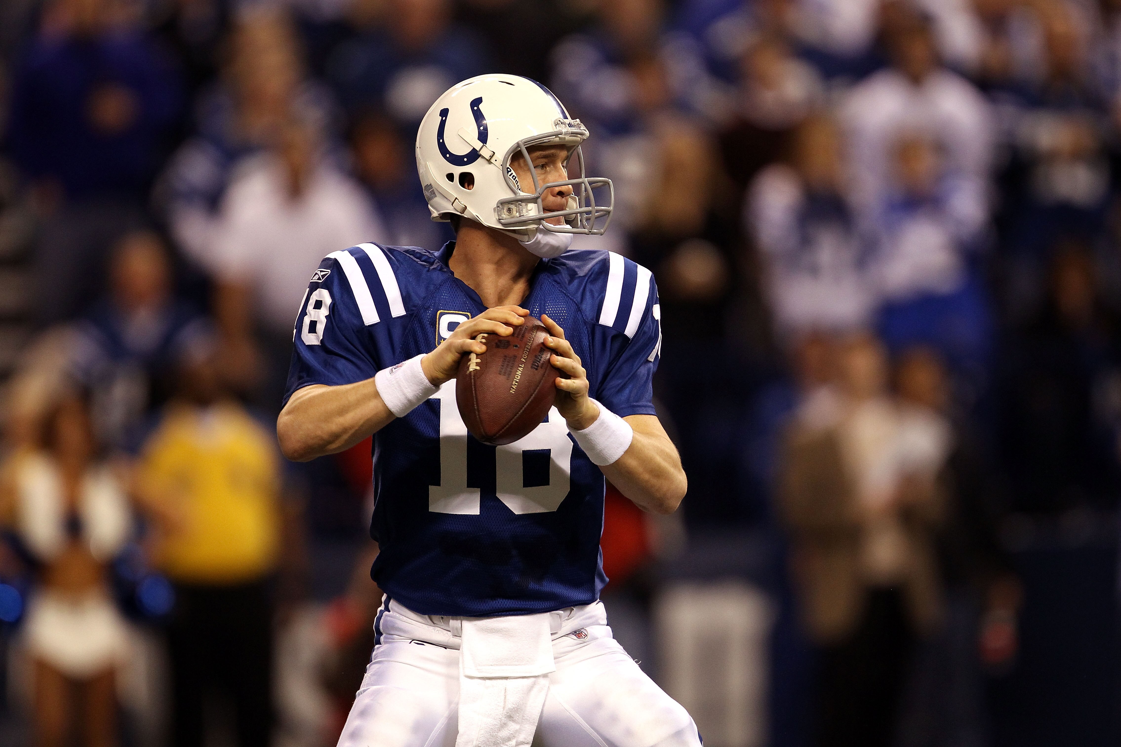 INDIANAPOLIS, IN - JANUARY 08:  Quarterback Peyton Manning #18 of the Indianapolis Colts looks to pass against the New York Jets during their 2011 AFC wild card playoff game at Lucas Oil Stadium on January 8, 2011 in Indianapolis, Indiana. The Jets won 17