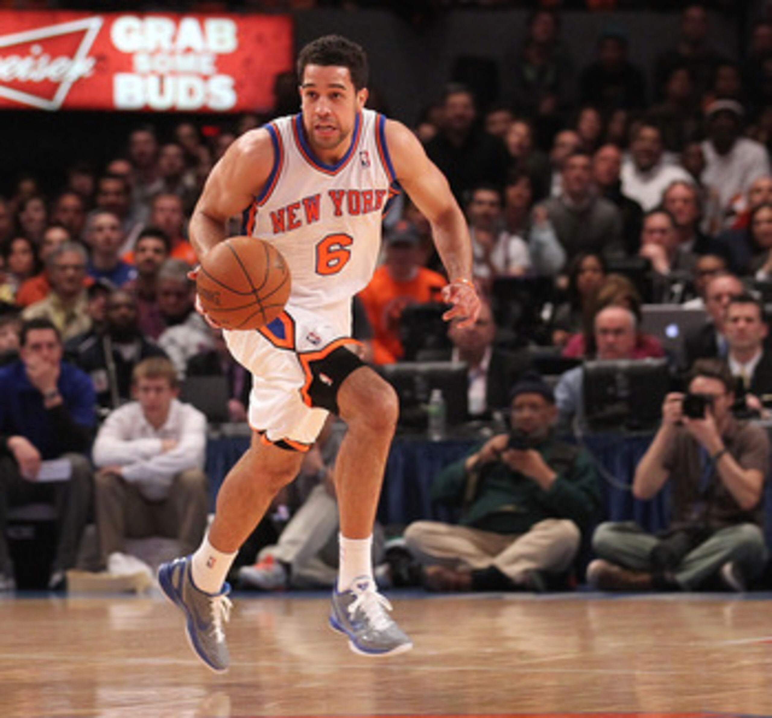 NEW YORK, NY - APRIL 22:  Landry Fields #6 of the New York Knicks brings the ball up court against the Boston Celtics in Game Three of the Eastern Conference Quarterfinals in the 2011 NBA Playoffs on April 22, 2011 at Madison Square Garden in New York Cit