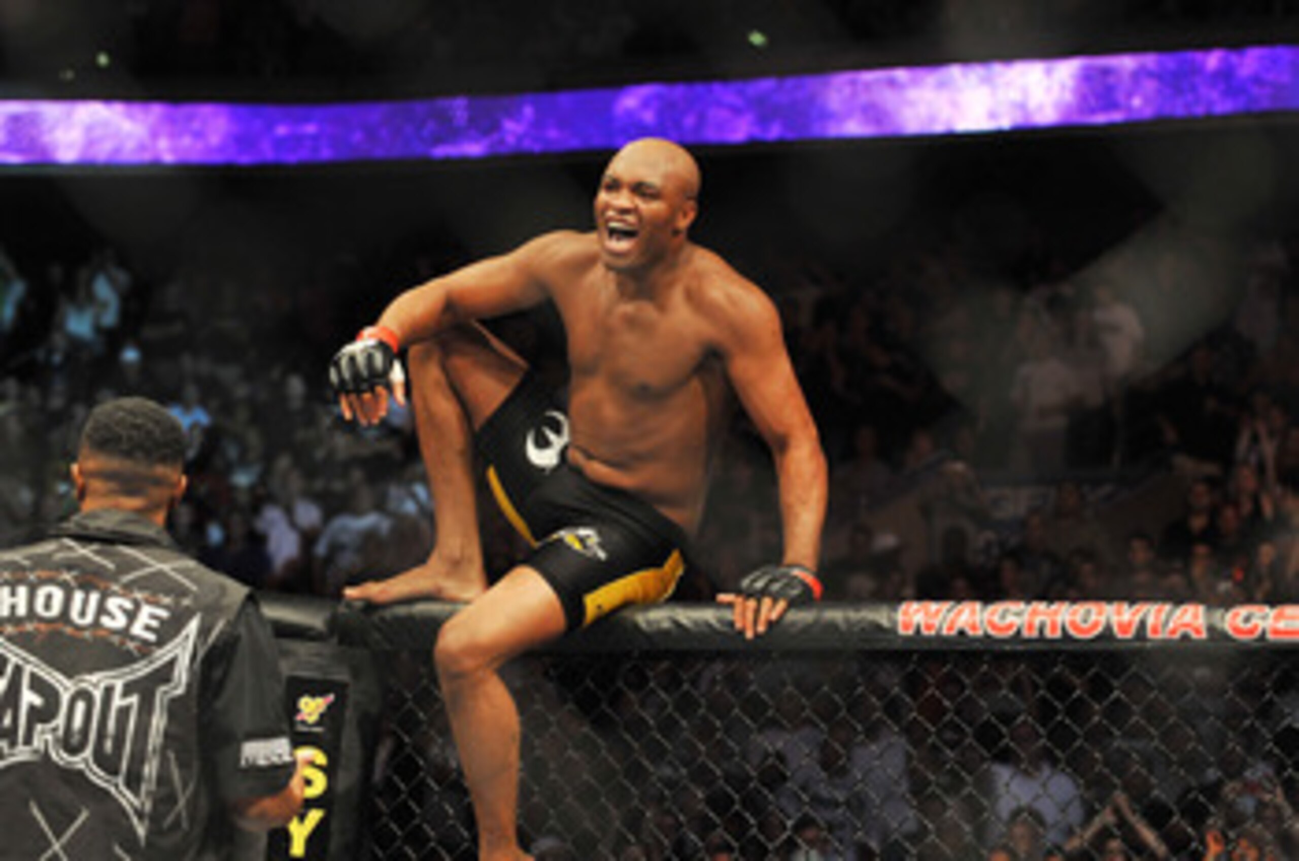 PHILADELPHIA - AUGUST 08:  Anderson Silva celebrates after defeating Forrest Griffin during their light heavyweight bout at UFC 101: Declaration at the Wachovia Center on August 8, 2009 in Philadelphia, Pennsylvania.  (Photo by Jon Kopaloff/Getty Images)