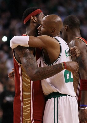BOSTON - MAY 13: Ray Allen #20 of the Boston Celtics consoles LeBron James #23 of the Cleveland Cavaliers after Game Six of the Eastern Conference Semifinals of the 2010 NBA playoffs at TD Garden on May 13, 2010 in Boston, Massachusetts. The Celtics defe BOSTON - MAY 13: Ray Allen #20 of the Boston Celtics consoles LeBron James #23 of the Cleveland Cavaliers after Game Six of the Eastern Conference Semifinals of the 2010 NBA playoffs at TD Garden on May 13, 2010 in Boston, Massachusetts. The Celtics defe
