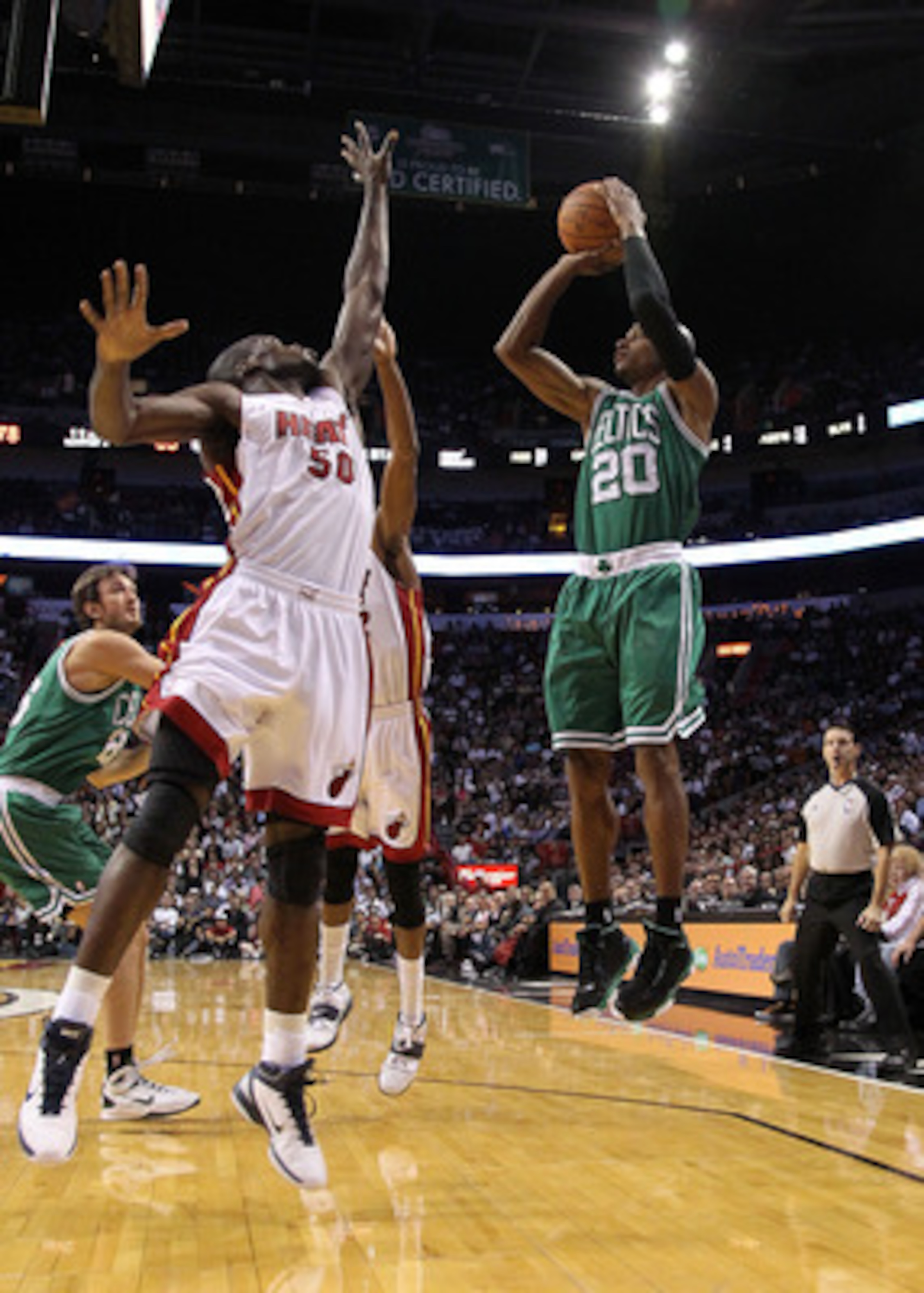 MIAMI - NOVEMBER 11: Ray Allen #20 of the Boston Celtics shoots a jump shot during a game against the Miami Heat at American Airlines Arena on November 11, 2010 in Miami, Florida. NOTE TO USER: User expressly acknowledges and agrees that, by downloading a