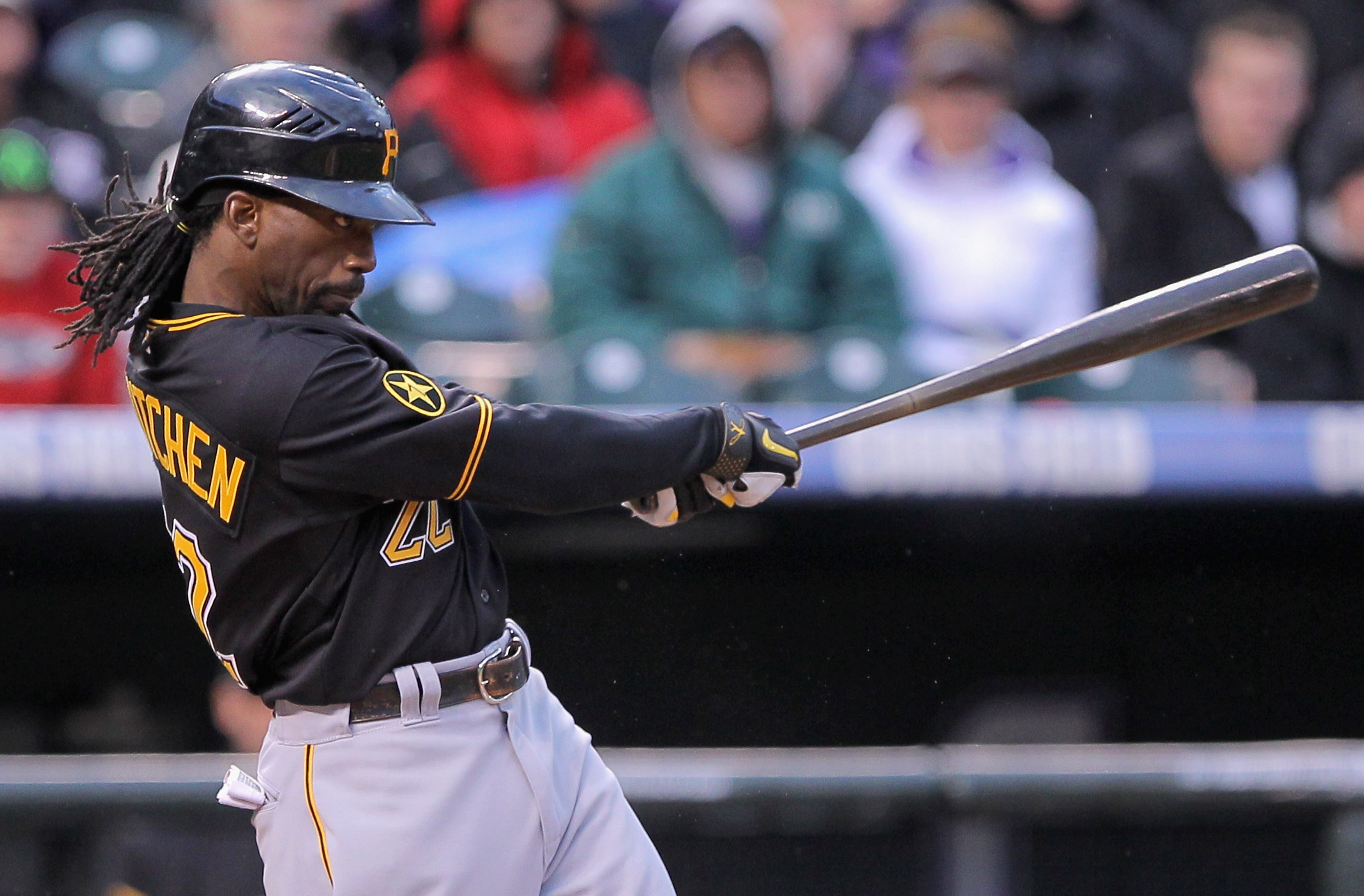 DENVER, CO - APRIL 29:  Andrew McCutchen #22 of the Pittsburgh Pirates follows through on his solo homerun off of starting pitcher Jhoulys Chacin #45 of the Colorado Rockies in the third inning at Coors Field on April 29, 2011 in Denver, Colorado.  (Photo