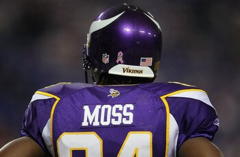 MINNEAPOLIS - OCTOBER 17:  Wide receiver Randy Moss #84 the Minnesota Vikings looks on prior to the start of the game against the Dallas Cowboys at Mall of America Field on October 17, 2010 in Minneapolis, Minnesota.  (Photo by Jeff Gross/Getty Images)