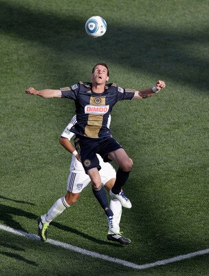 CHESTER, PA - APRIL 30:  Sebastien Le Toux #9 of the Philadelphia Union heads the ball in front of Justin Morrow #15 of the San Jose Earthquakes during the second half at PPL Park on April 30, 2011 in Chester, Pennsylvania.  (Photo by Rob Carr/Getty Image
