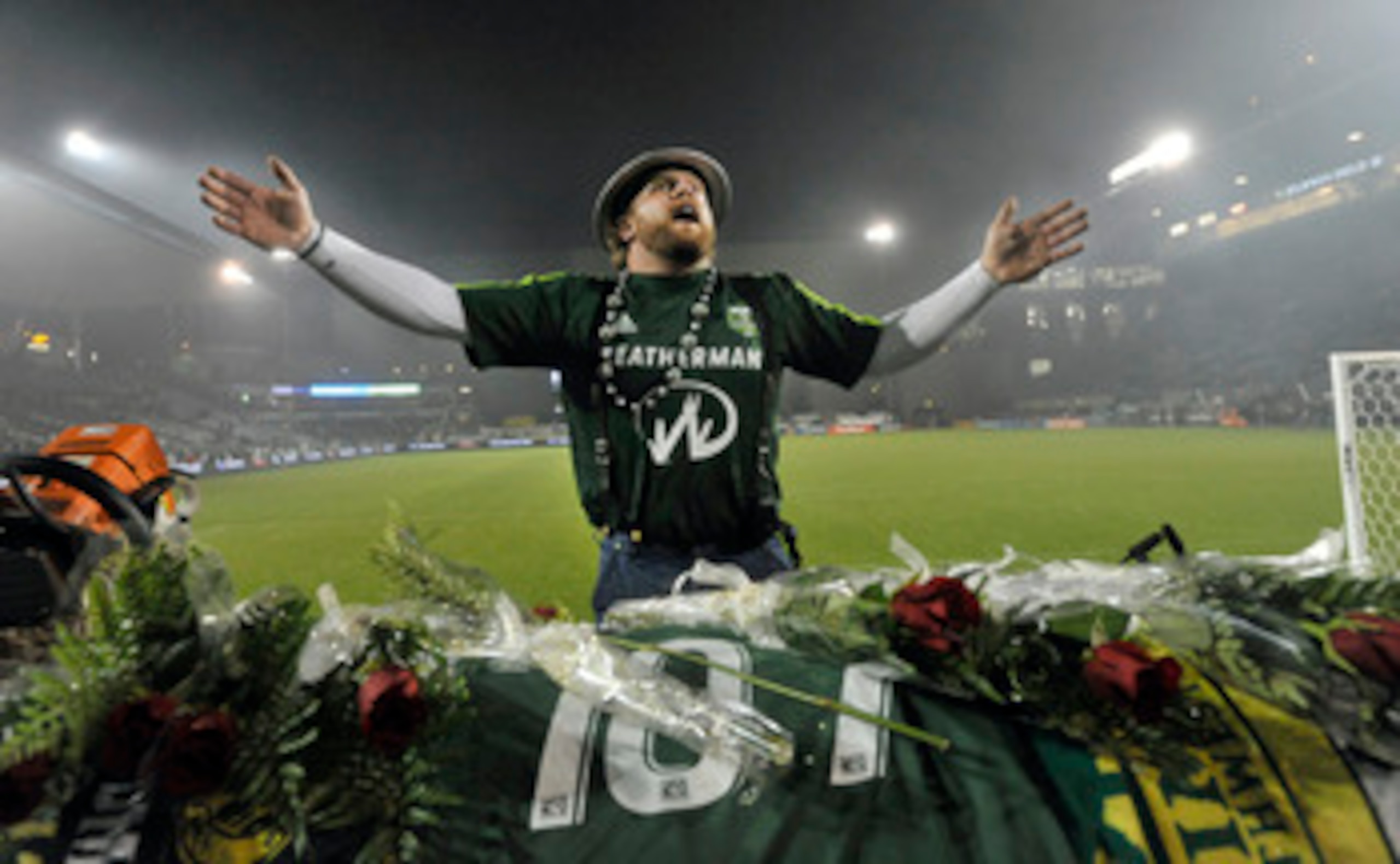 PORTLAND, OR - APRIL 30: 'Timber Joey', mascot of the Portland Timbers leads the crowd in a cheer after the game against Real Salt Lake at Jeld-Wen Field on April 30, 2011 in Portland, Oregon. The Timbers won the game 1-0. (Photo by Steve Dykes/Getty Imag