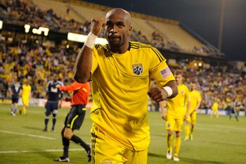 COLUMBUS, OH - APRIL 30:  Emilio Renteria #20 of the Columbus Crew pumps his fist after he is awarded a penalty shot in the second half against the Vancouver Whitecaps FC on April 30, 2011 at Crew Stadium in Columbus, Ohio. Columbus defeated Vancouver 2-1