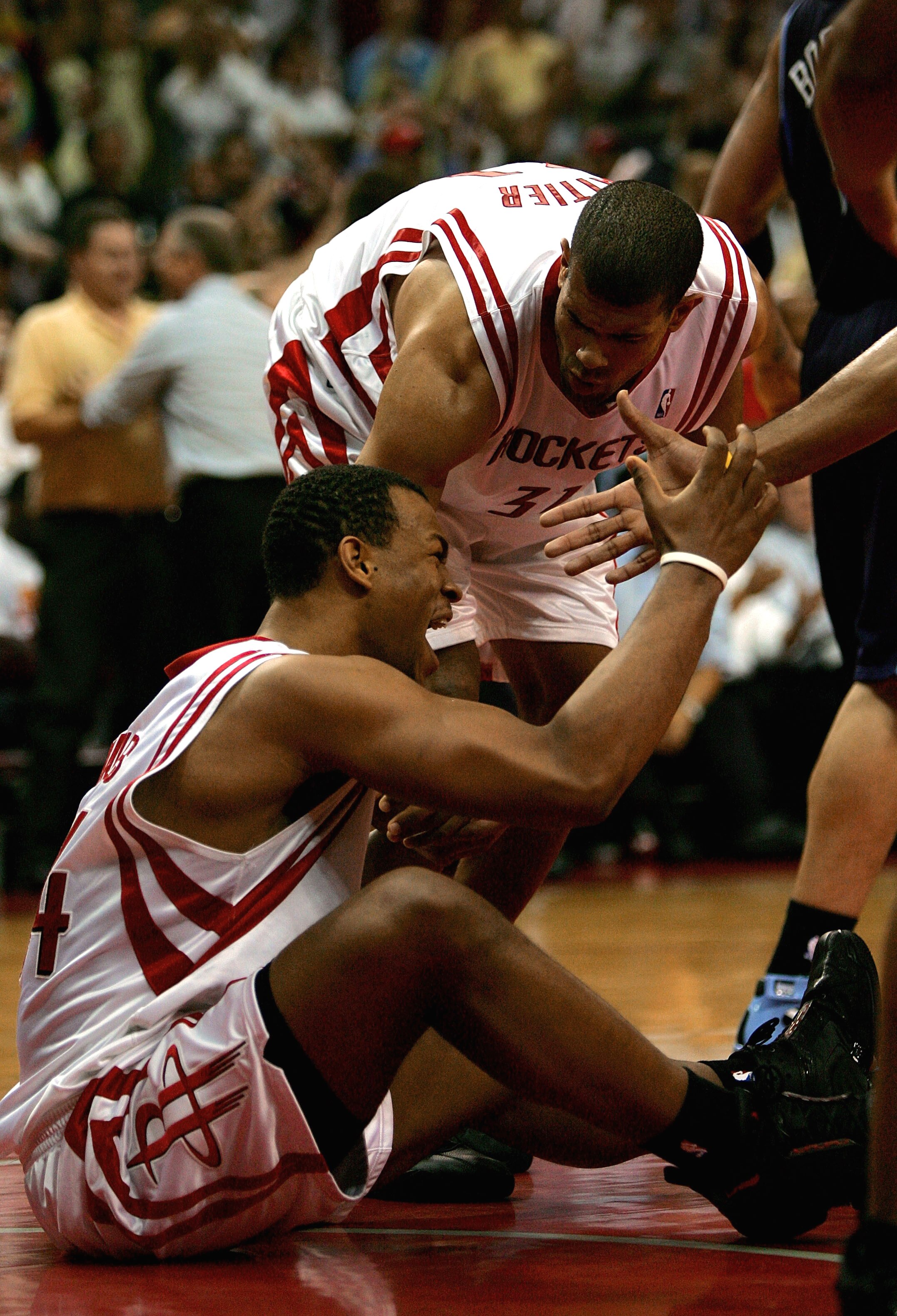 HOUSTON - APRIL 30:  Chuck Hayes #44 Shane Battier #31 of the Houston Rockets celebrate a foul against Hayes by the Utah Jazz in the closing seconds of the fourth period against during Game Five of the Western Conference Quarterfinals against the Utah Jaz