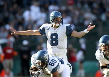 OAKLAND, CA - OCTOBER 31:  Matt Hasselbeck #8 of the Seattle Seahawks in action against the Oakland Raiders at Oakland-Alameda County Coliseum on October 31, 2010 in Oakland, California.  (Photo by Ezra Shaw/Getty Images)
