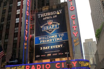 NEW YORK, NY - APRIL 28:  A taxi drives down the Avenue of the AMericas past Radio City Music Hall during the 2011 NFL Draft at Radio City Music Hall on April 28, 2011 in New York City.  (Photo by Chris Trotman/Getty Images)