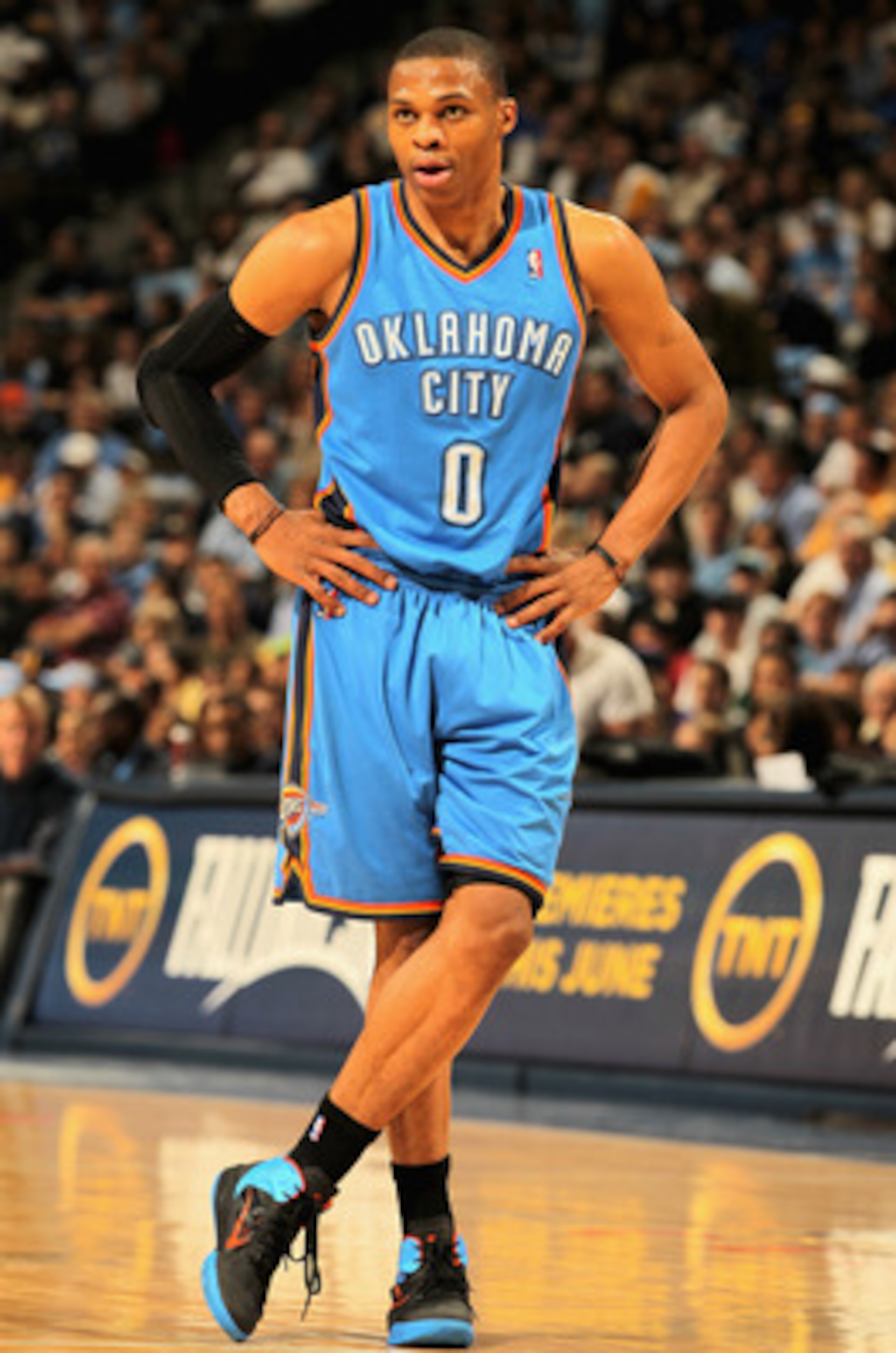 DENVER, CO - APRIL 25:  Russell Westbrook #0 of the Oklahoma City Thunder looks on against the Denver Nuggets in Game Four of the Western Conference Quarterfinals in the 2011 NBA Playoffs on April 24, 2011 at the Pepsi Center in Denver, Colorado. The Nugg