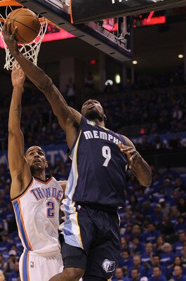 OKLAHOMA CITY, OK - MAY 01:  Guard Tony Allen #9 of the Memphis Grizzlies takes a shot against Thabo Sefolosha #2 of the Oklahoma City Thunder in Game One of the Western Conference Semifinals in the 2011 NBA Playoffs on May 1, 2011 at Oklahoma City Arena 