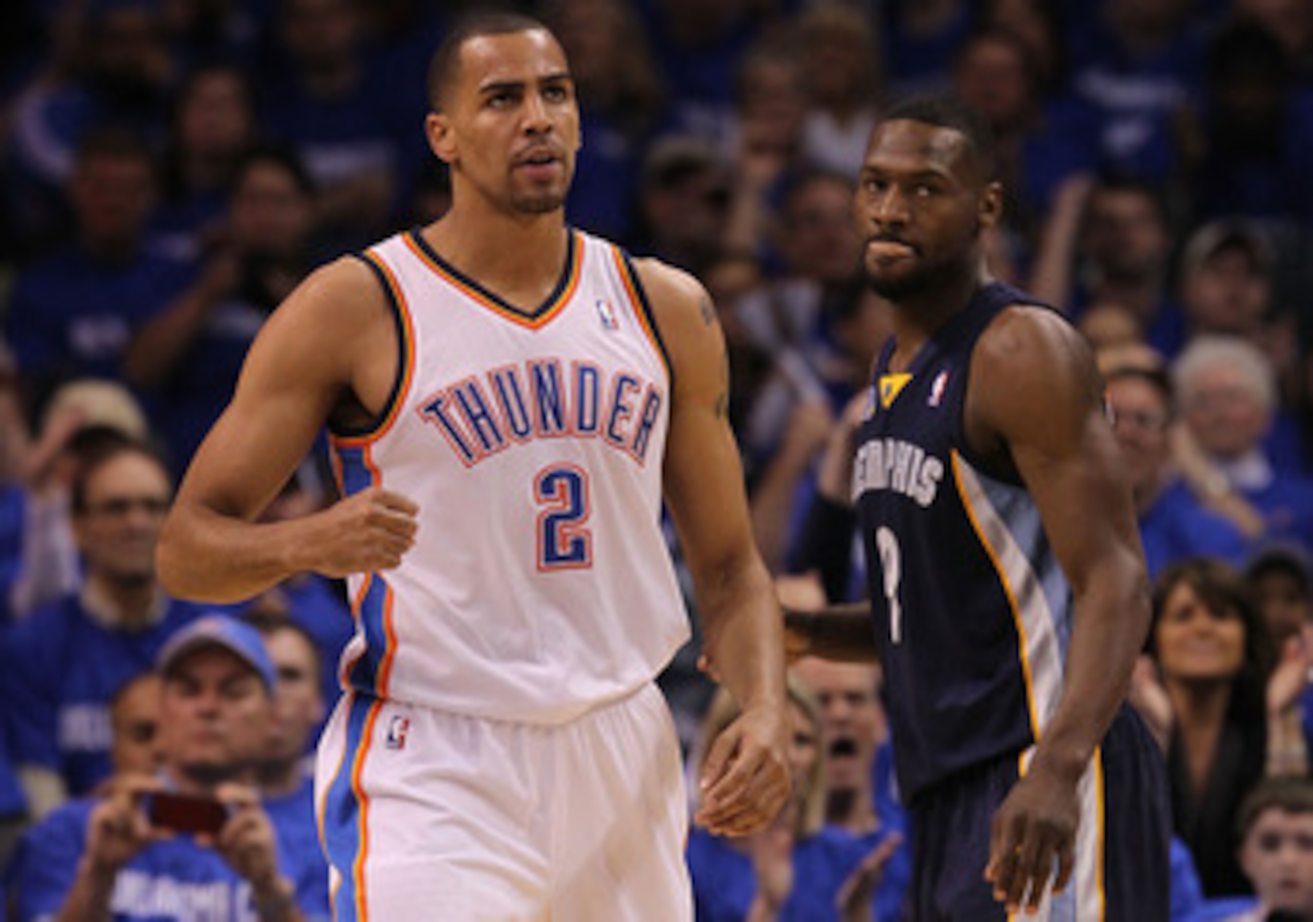 OKLAHOMA CITY, OK - MAY 01:  Guard Thabo Sefolosha #2 of the Okalhoma City Thunder reacts in front of Tony Allen #9 of the Memphis Grizzlies in Game One of the Western Conference Semifinals in the 2011 NBA Playoffs on May 1, 2011 at Oklahoma City Arena in