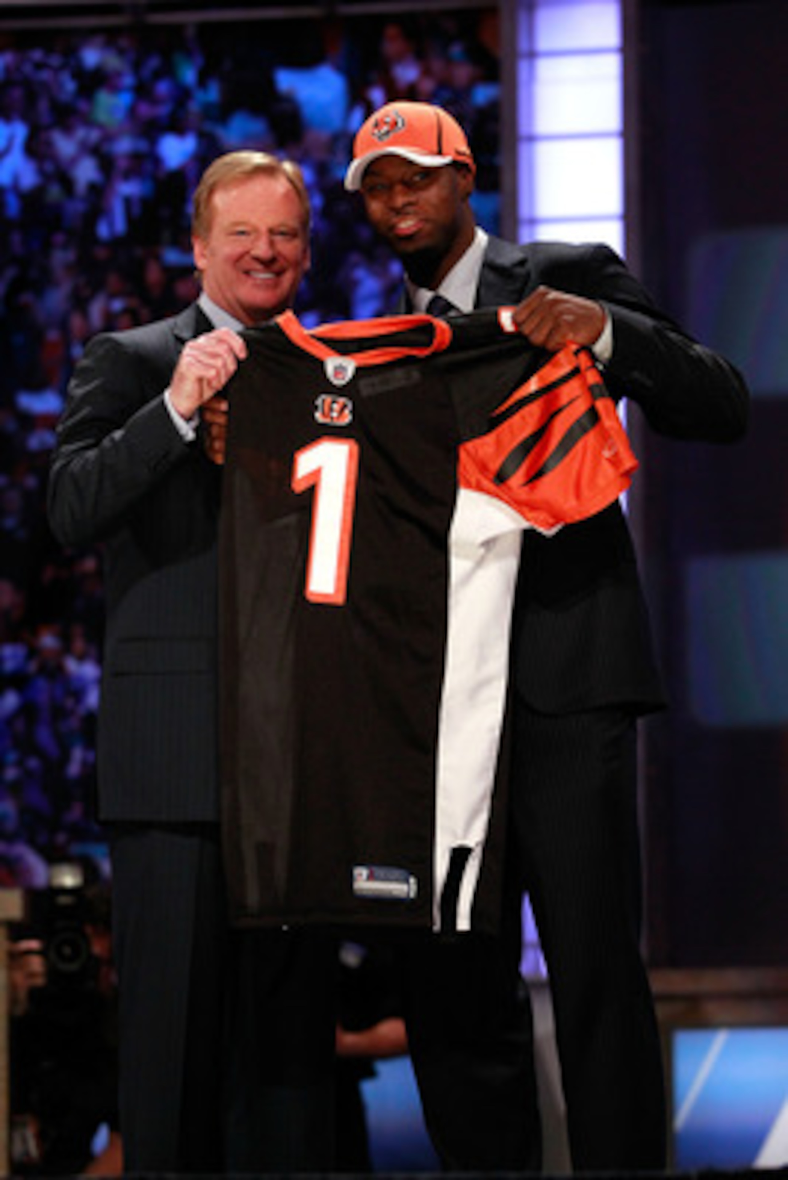 NEW YORK, NY - APRIL 28:  NFL Commissioner Roger Goodell poses for a photo with A.J. Green, #4 overall pick by the Cincinnati Bengals, as Green holds up a jersey during the 2011 NFL Draft at Radio City Music Hall on April 28, 2011 in New York City.  (Phot