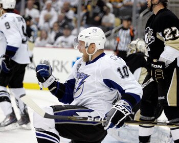 PITTSBURGH, PA - APRIL 27:  Sean Bergenheim #10 of the Tampa Bay Lightning celebrates his second period goal against the Pittsburgh Penguins in Game Seven of the Eastern Conference Quarterfinals during the 2011 NHL Stanley Cup Playoffs at Consol Energy Ce