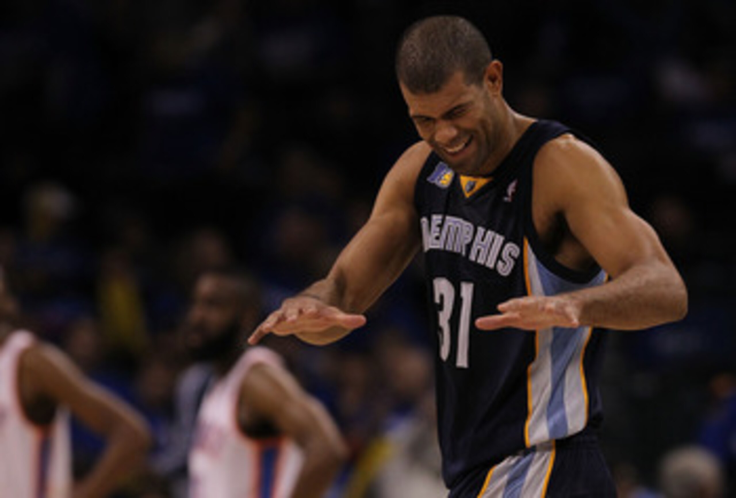 OKLAHOMA CITY, OK - MAY 01:  Forward Shane Battier #31 of the Memphis Grizzlies reacts during a 114-101 win against the Oklahoma City Thunder in Game One of the Western Conference Semifinals in the 2011 NBA Playoffs on May 1, 2011 at Oklahoma City Arena i