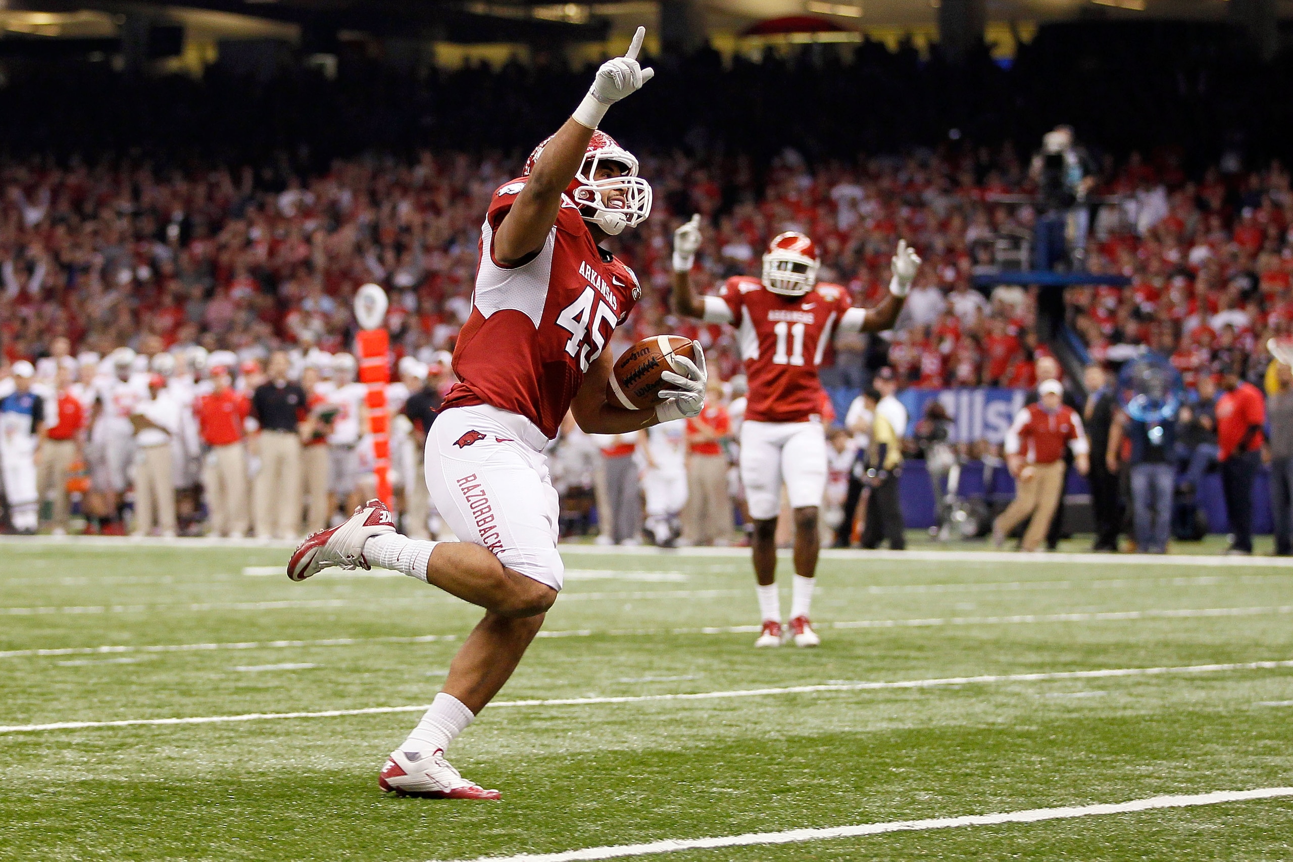 NEW ORLEANS, LA - JANUARY 04:  D.J. Williams #45 of the Arkansas Razorbacks reacts to what he thought was a touchdown but he was down by contact in the first half against the Ohio State Buckeyes during the Allstate Sugar Bowl at the Louisiana Superdome on