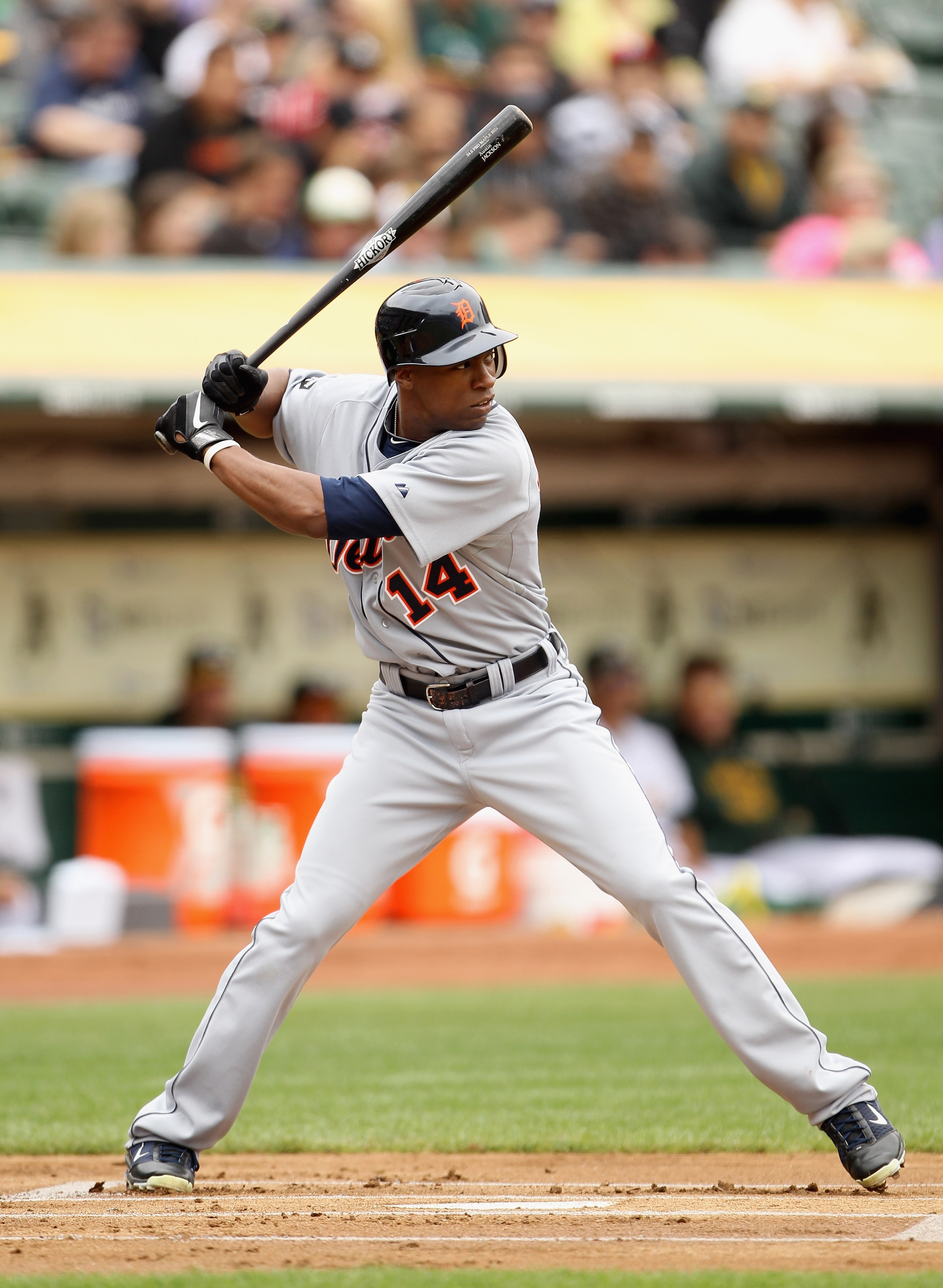 OAKLAND, CA - APRIL 17:  Austin Jackson #14 of the Detroit Tigers in action during their game against the Oakland Athletics at Oakland-Alameda County Coliseum on April 17, 2011 in Oakland, California.  (Photo by Ezra Shaw/Getty Images)