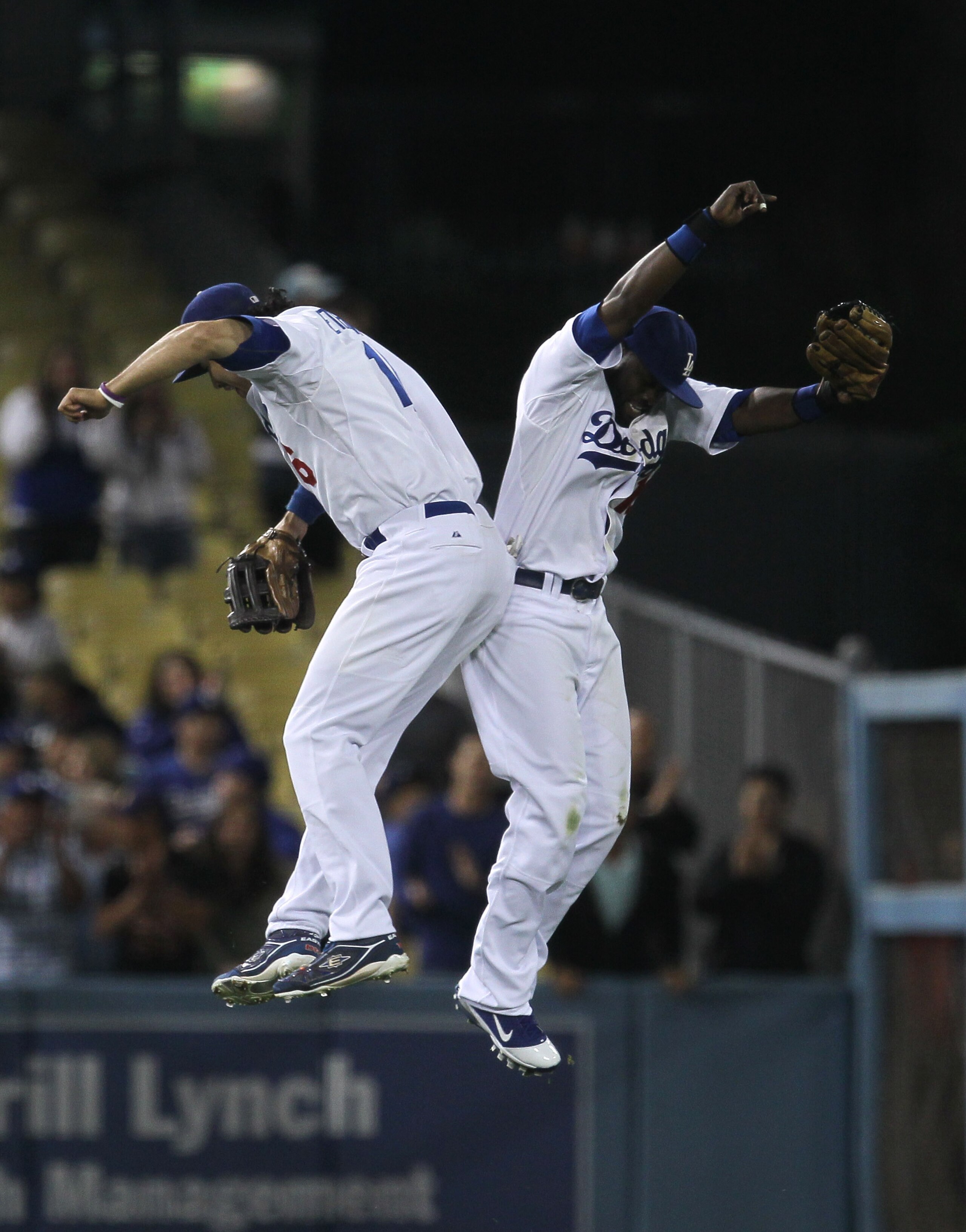 LOS ANGELES, CA - APRIL 29:  Tony Gwynn Jr. #10 and Andre Ethier #16 of the Los Angeles Dodgers celebrate after Gwynn's game saving diving catch in left field to end the game against the San Diego Padres on April 29, 2011 at Dodger Stadium in Los Angeles,