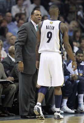 MEMPHIS, TN - APRIL 25: Lionel Hollins the Head Coach of the Memphis Grizzlies talks with Tony Allen #9 during the game against the San Antonio Spurs in Game Four of the Western Conference Quarterfinals in the 2011 NBA Playoffs at FedExForum on April 25, 