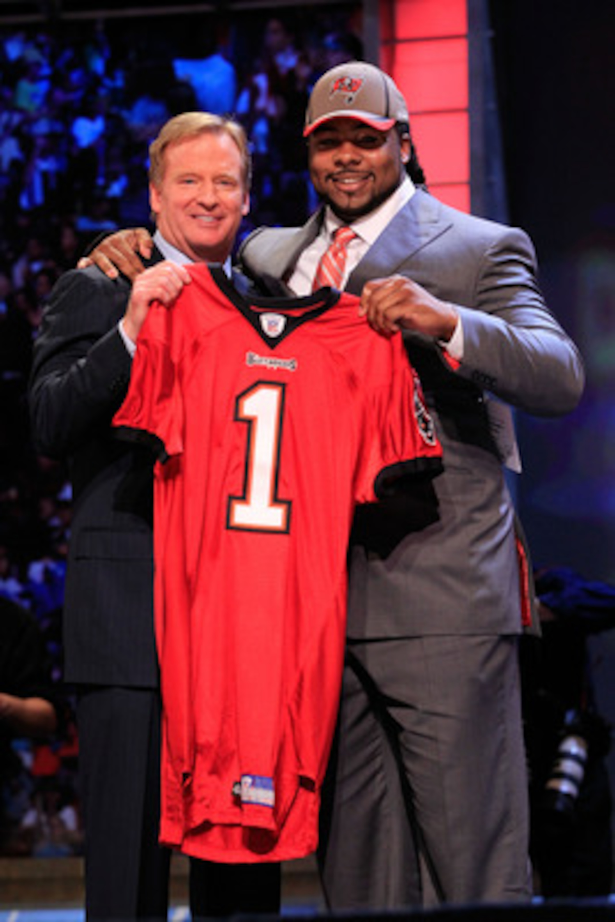 NEW YORK, NY - APRIL 28:  NFL Commissioner Roger Goodell poses for a phot with Adrian Clayborn, #20 overall pick by the Tampa Bay Buccaneers, on stage during the 2011 NFL Draft at Radio City Music Hall on April 28, 2011 in New York City.  (Photo by Chris 