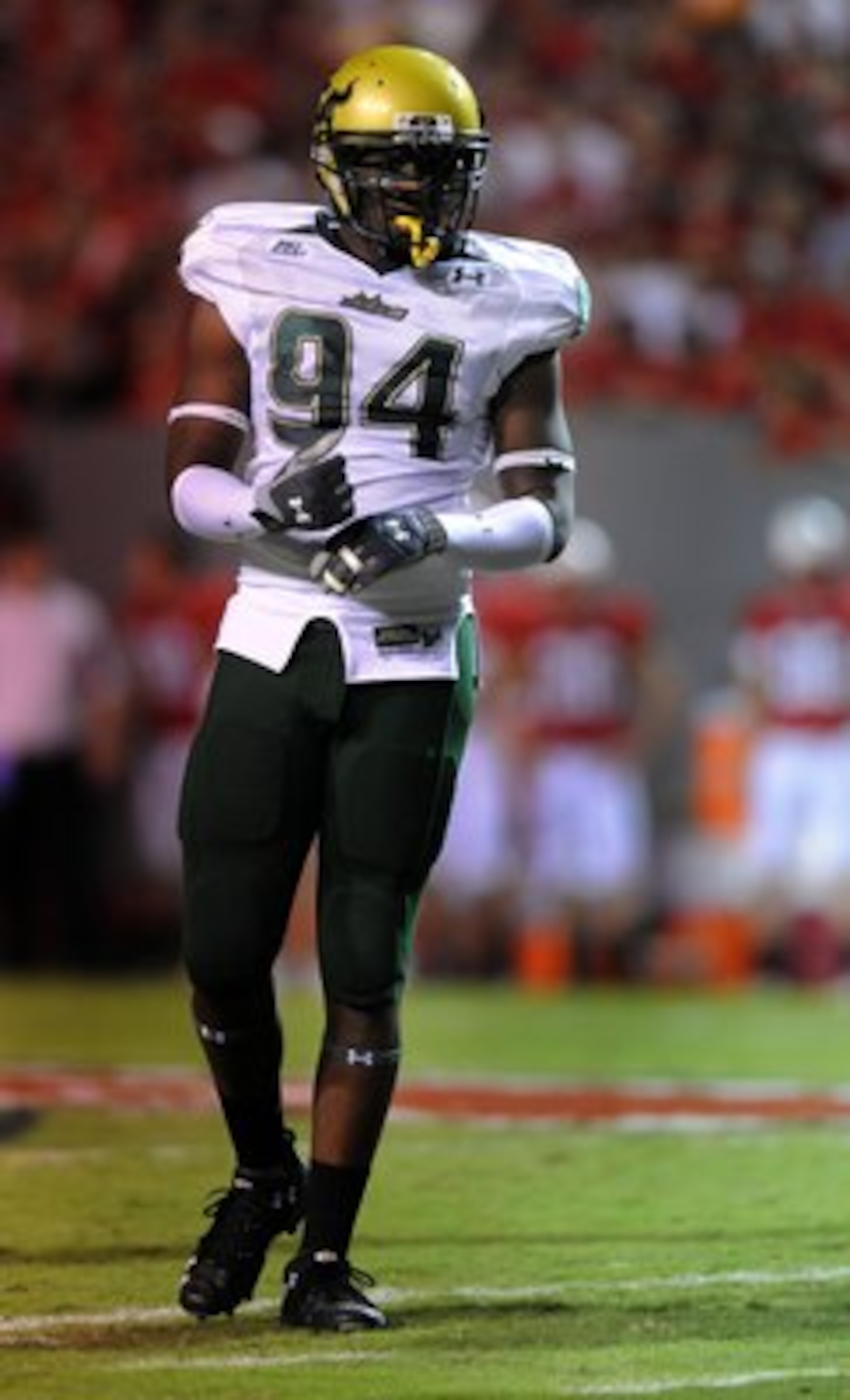 RALEIGH, NC - SEPTEMBER 27:  Defensive end Craig Marshall #94 of South Florida Bulls paces the line of scrimmage in the third quarter of the college football game against North Carolina State Wolfpack at Carter-Finley Stadium on September 27, 2008 in Rale