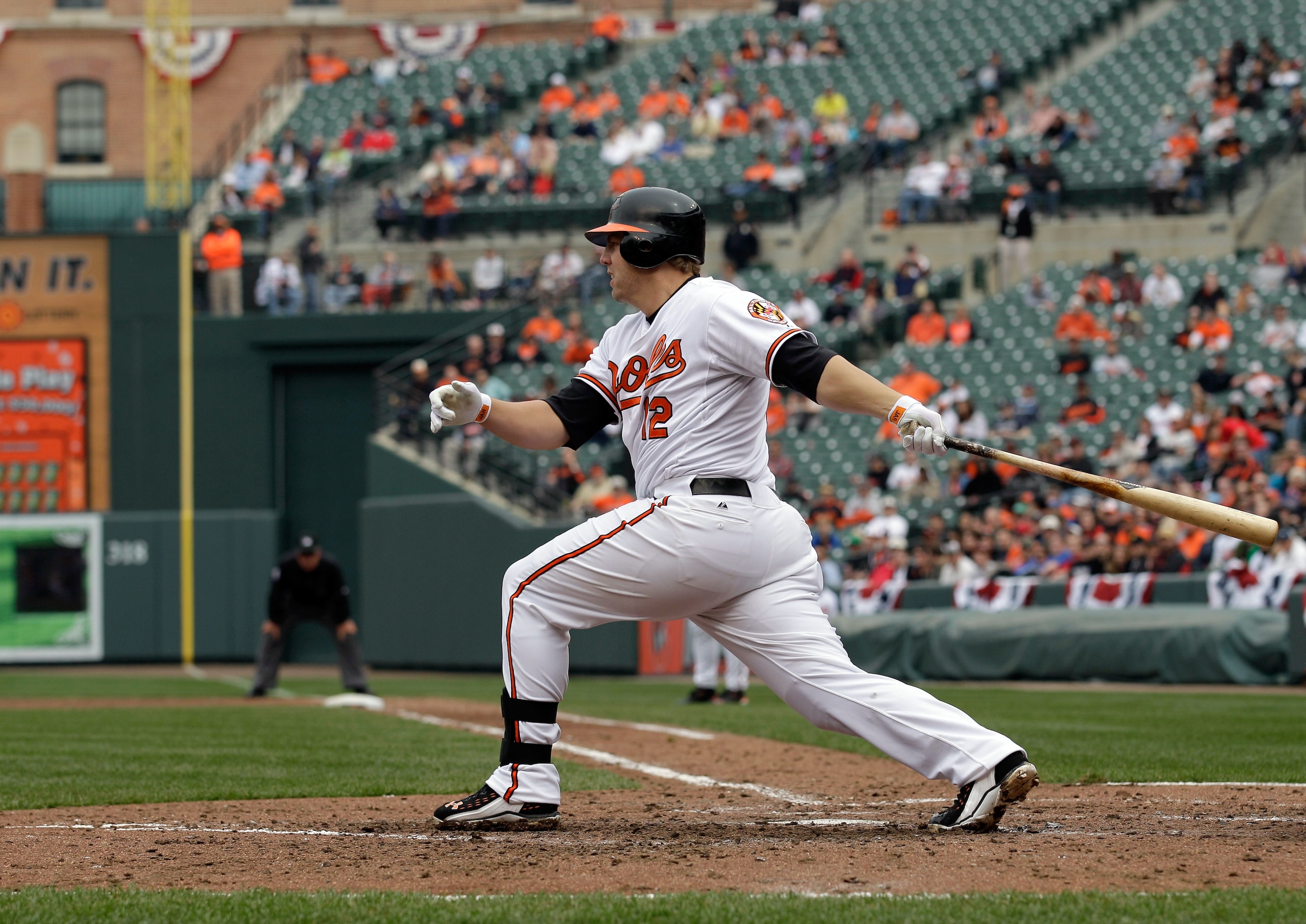 BALTIMORE, MD - APRIL 10: Mark Reynolds #12 of the Baltimore Orioles at the plate against the Texas Rangers at Oriole Park at Camden Yards on April 10, 2011 in Baltimore, Maryland.  (Photo by Rob Carr/Getty Images)