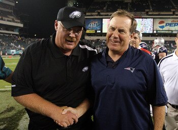 PHILADELPHIA - AUGUST 13:  Head coach Andy Reid of the Philadelphia Eagles shakes hands with head coach Bill Belichick of the New England Patriots after their game on August 13, 2009 at Lincoln Financial Field in Philadelphia, Pennsylvania.  (Photo by Jim