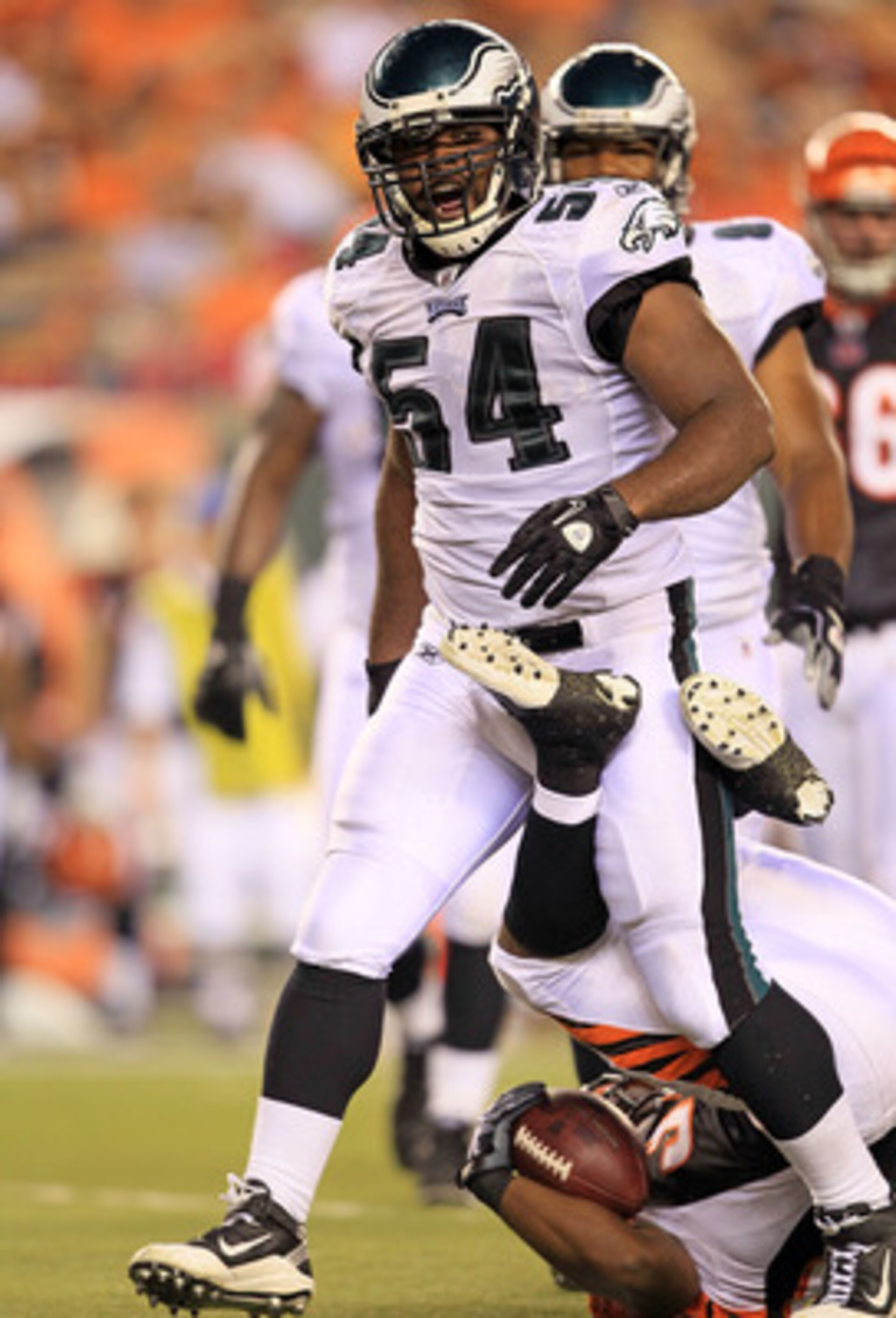 CINCINNATI - AUGUST 20:  Brandon Graham #54 of the Philadelphia Eagles celebrates after making a tackle during the NFL preseason game against the Cincinnati Bengals at Paul Brown Stadium on August 20, 2010 in Cincinnati, Ohio.  (Photo by Andy Lyons/Getty
