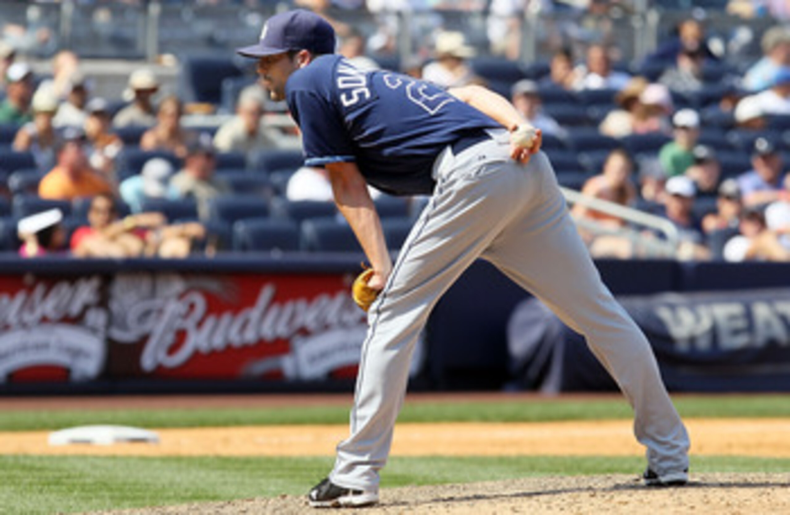 NEW YORK - JULY 18:  Andy Sonnanstine #21 of the Tampa Bay Rays looks on against the New York Yankees on July 18, 2010 at Yankee Stadium in the Bronx borough of New York City. (Photo by Jim McIsaac/Getty Images)