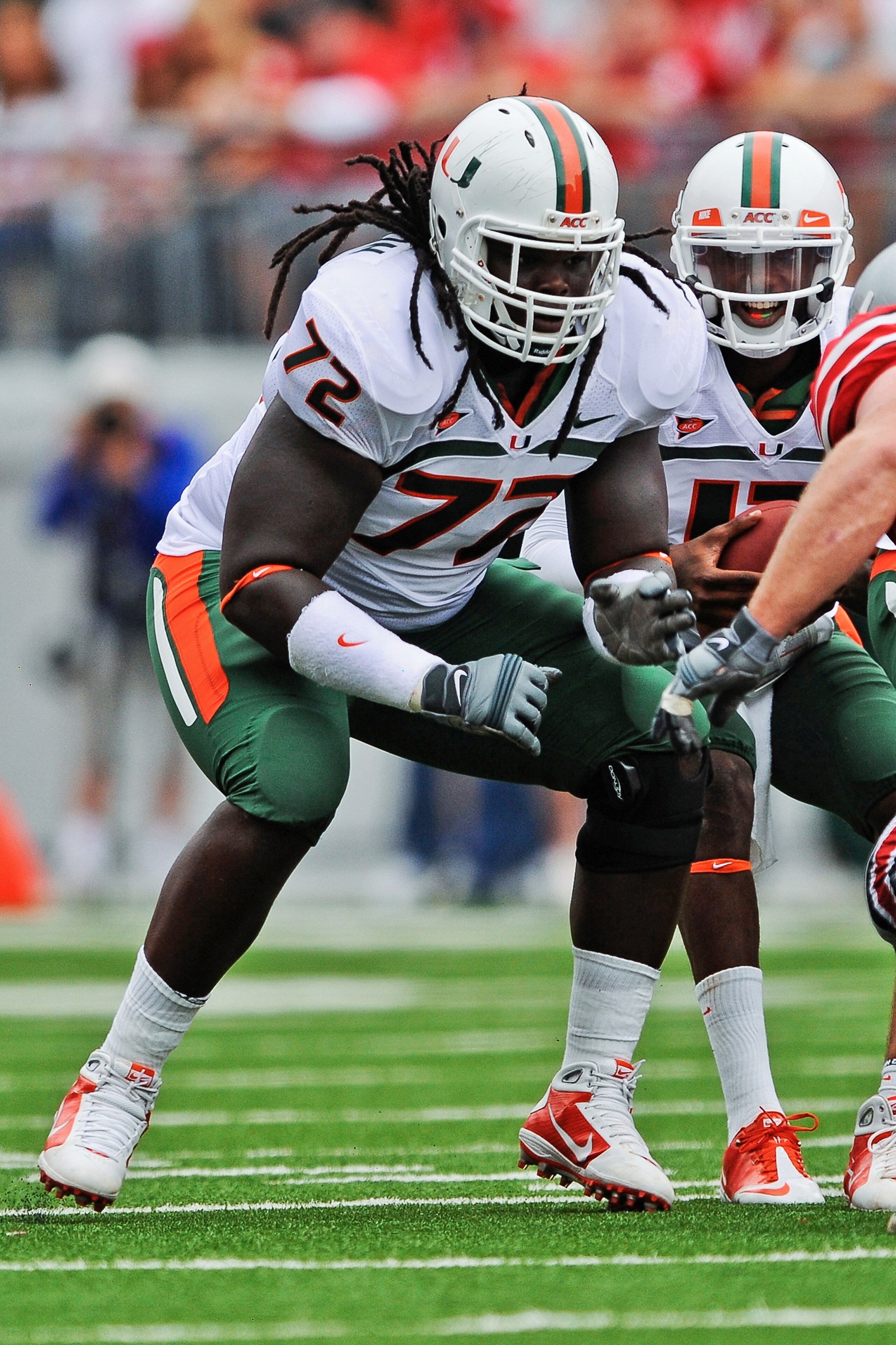 COLUMBUS, OH - SEPTEMBER 11:  Brandon Washington #72 of the Miami Hurricanes runs blocks against the Ohio State Buckeyes at Ohio Stadium on September 11, 2010 in Columbus, Ohio.  (Photo by Jamie Sabau/Getty Images)
