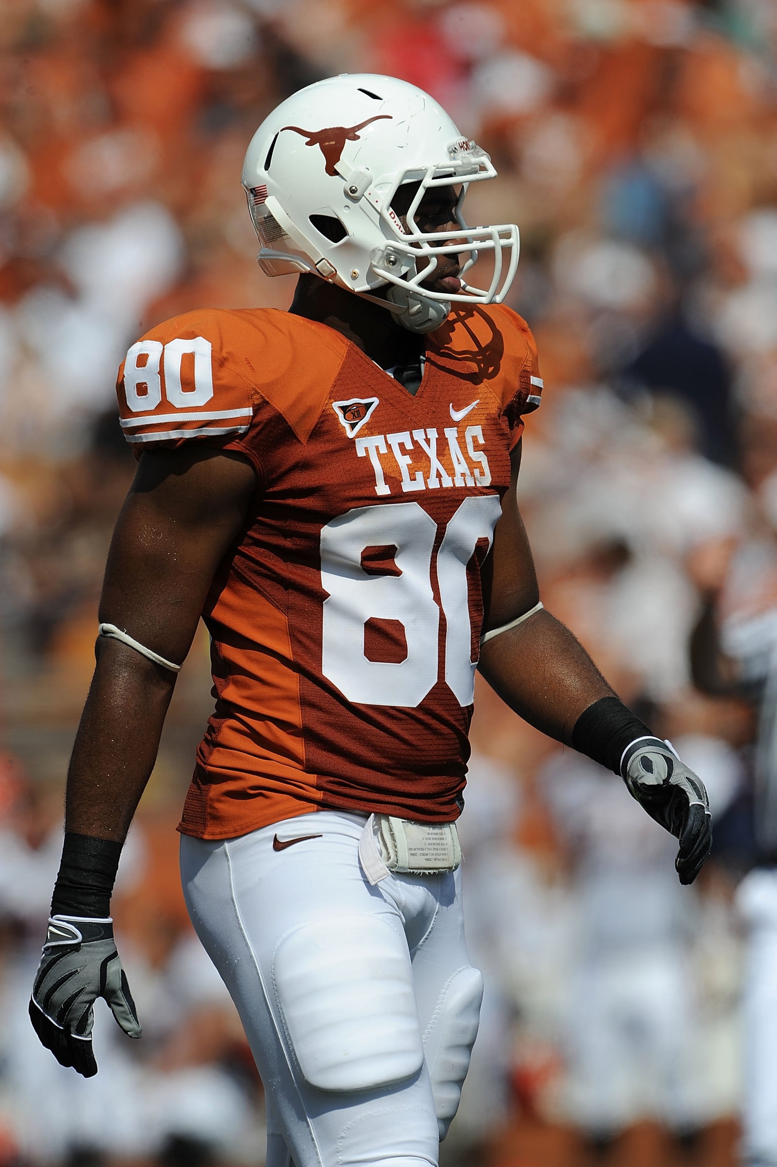 AUSTIN, TX - SEPTEMBER 26:  Defensive end Alex Okafor #80 of the Texas Longhorns at Darrell K Royal-Texas Memorial Stadium on September 26, 2009 in Austin, Texas.  (Photo by Ronald Martinez/Getty Images)