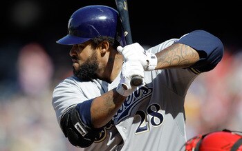 WASHINGTON, DC - APRIL 17:  Prince Fielder #28 of the Milwaukee Brewers at the plate against the Washington Nationals at Nationals Park on April 17, 2011 in Washington, DC.  (Photo by Rob Carr/Getty Images)