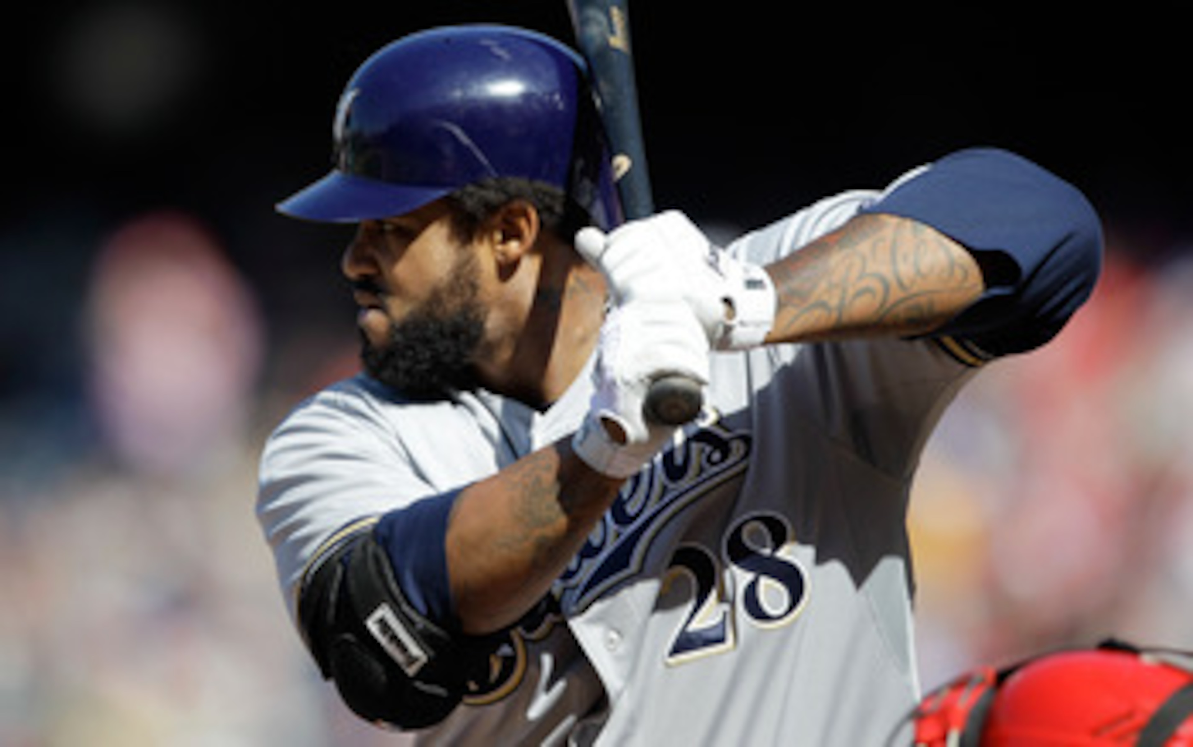 WASHINGTON, DC - APRIL 17:  Prince Fielder #28 of the Milwaukee Brewers at the plate against the Washington Nationals at Nationals Park on April 17, 2011 in Washington, DC.  (Photo by Rob Carr/Getty Images)
