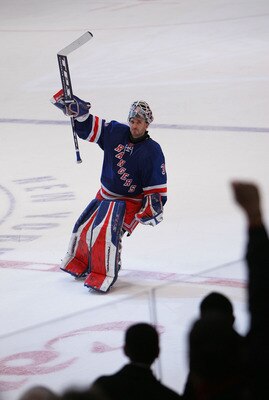 NEW YORK - DECEMBER 09:  Henrik Lundqvist #30 of the New York Rangers is named the second star of the game after his 1-0 overtime shutout of the New Jersey Devils on December 9, 2007 at Madison Square Garden in New York City. (Photo by Bruce Bennett/Getty