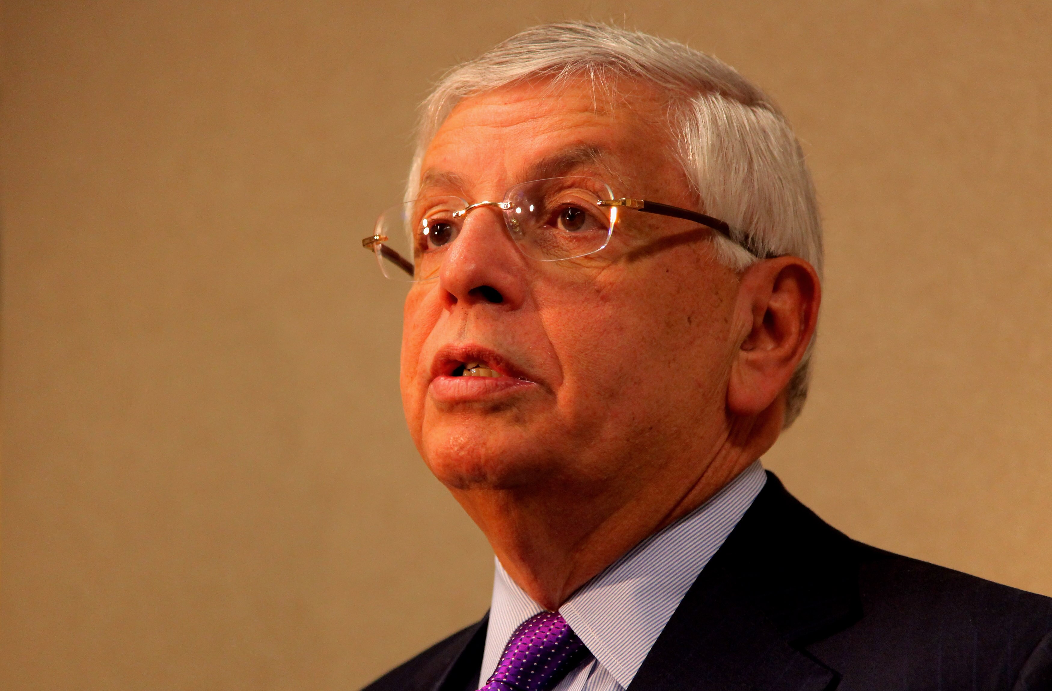 DENVER - APRIL 19:  NBA Commissioner David Stern speaks to the media prior to the tip off between the New Orleans Hornets and the Denver Nuggets in Game One of the Western Conference Quarterfinals during the 2009 NBA Playoffs at Pepsi Center on April 19,