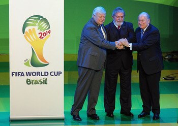 JOHANNESBURG, SOUTH AFRICA - JULY 08: Brazilian Football Federation president Ricardo Terra Teixeira, Brazilian President Luiz Inacio Lula da Silva and FIFA President Joseph Sepp Blatter pose during the launch of 2014 FIFA World Cup Brazil Official emblem