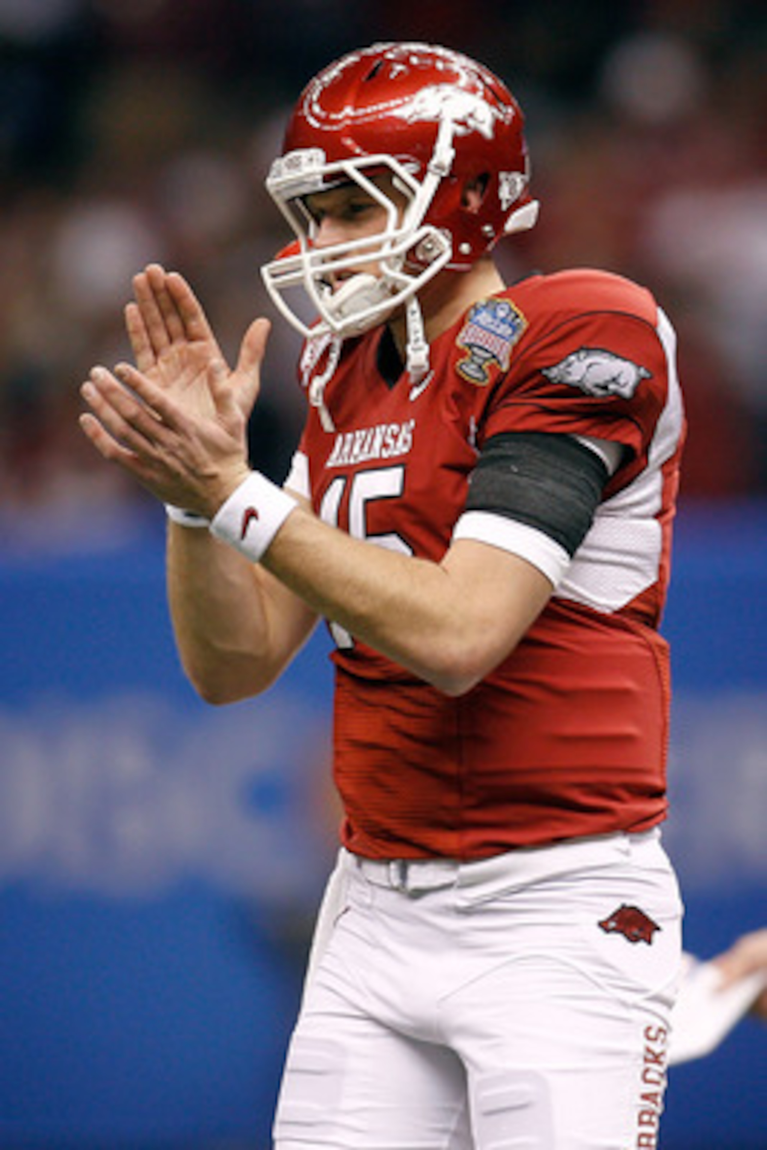 NEW ORLEANS, LA - JANUARY 04:  Ryan Mallett #15 of the Arkansas Razorbacks reacts in the first half against the Ohio State Buckeyes during the Allstate Sugar Bowl at the Louisiana Superdome on January 4, 2011 in New Orleans, Louisiana.  (Photo by Chris Gr