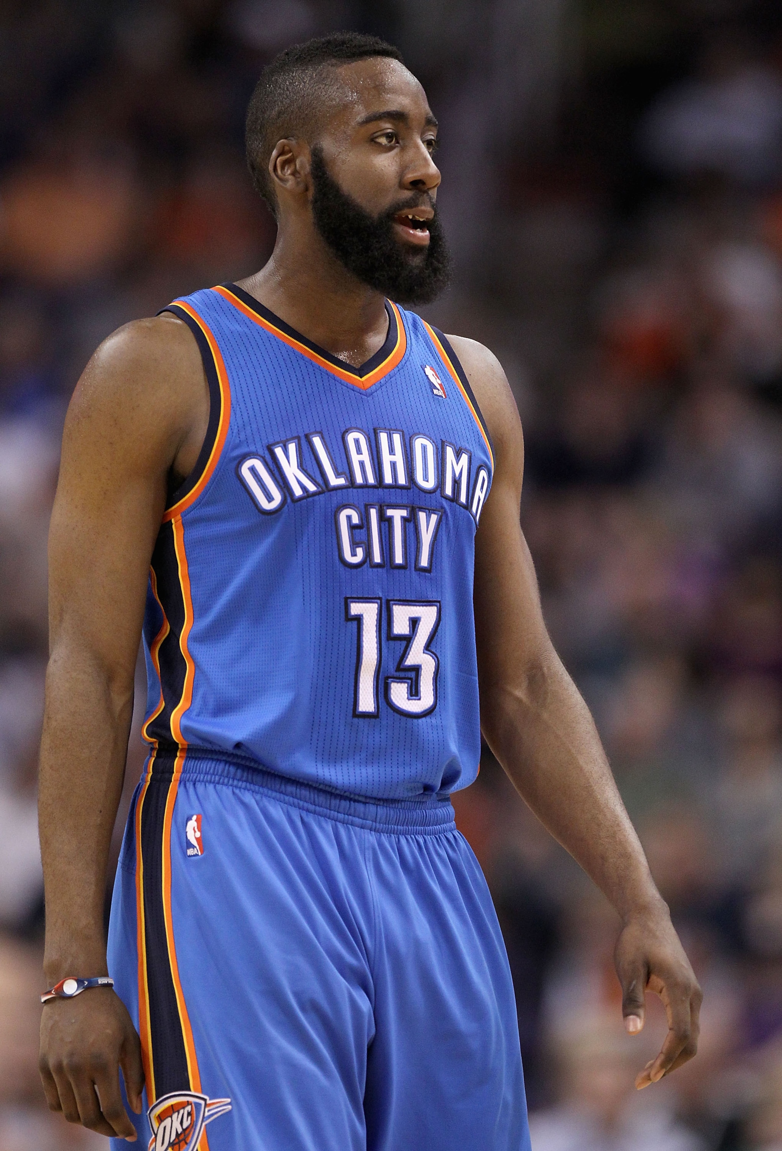 PHOENIX, AZ - MARCH 30:  James Harden #13 of the Oklahoma City Thunder during the NBA game against the Phoenix Suns at US Airways Center on March 30, 2011 in Phoenix, Arizona. The Thunder defeated the Suns 116-98.   NOTE TO USER: User expressly acknowledg