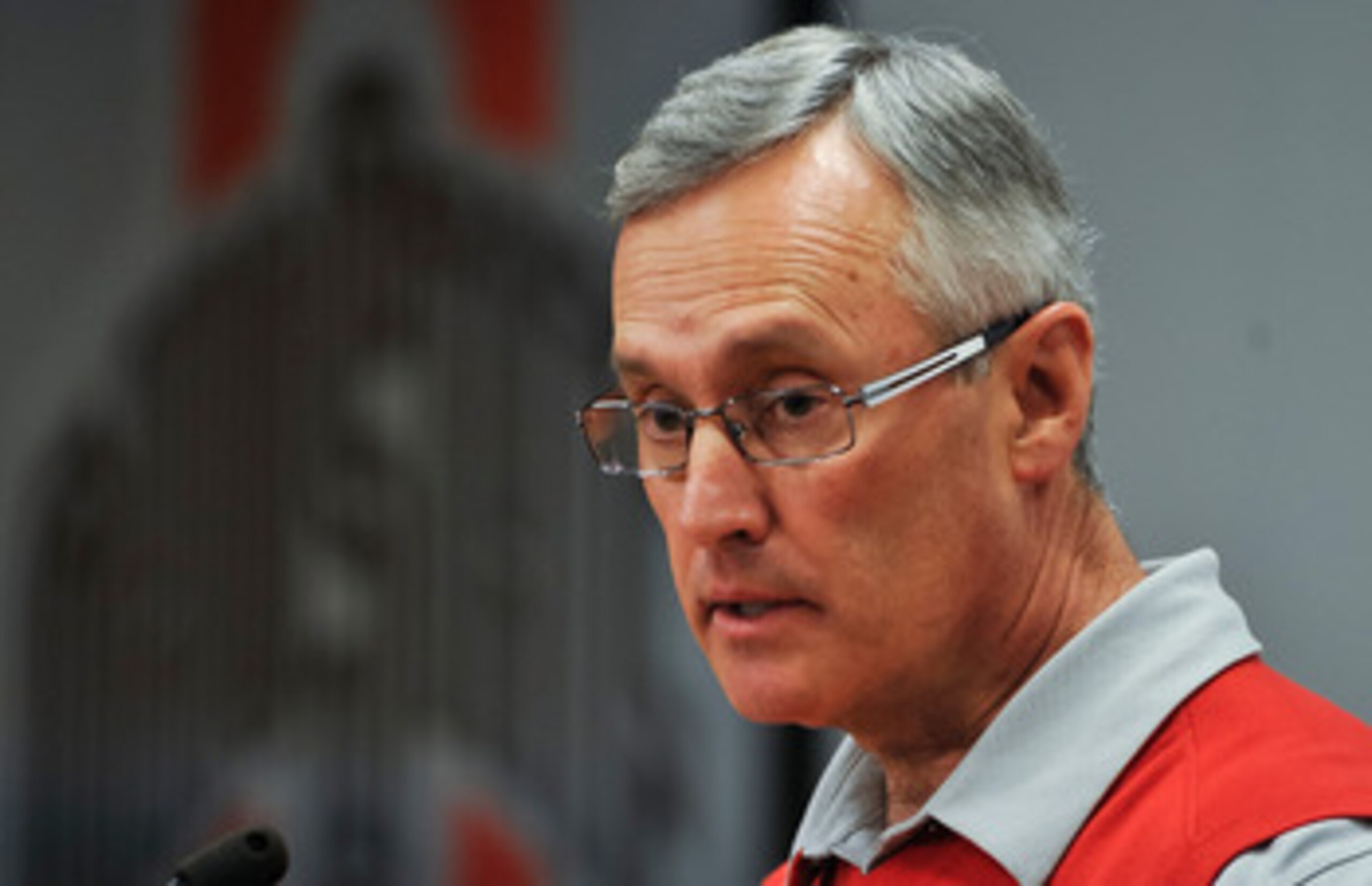 COLUMBUS, OH - MARCH 30:  Head Coach Jim Tressel speaks to the media during a press conference before the start of Spring practices at the Woody Hayes Athletic Center at The Ohio State University on March 30, 2011 in Columbus, Ohio. (Photo by Jamie Sabau/