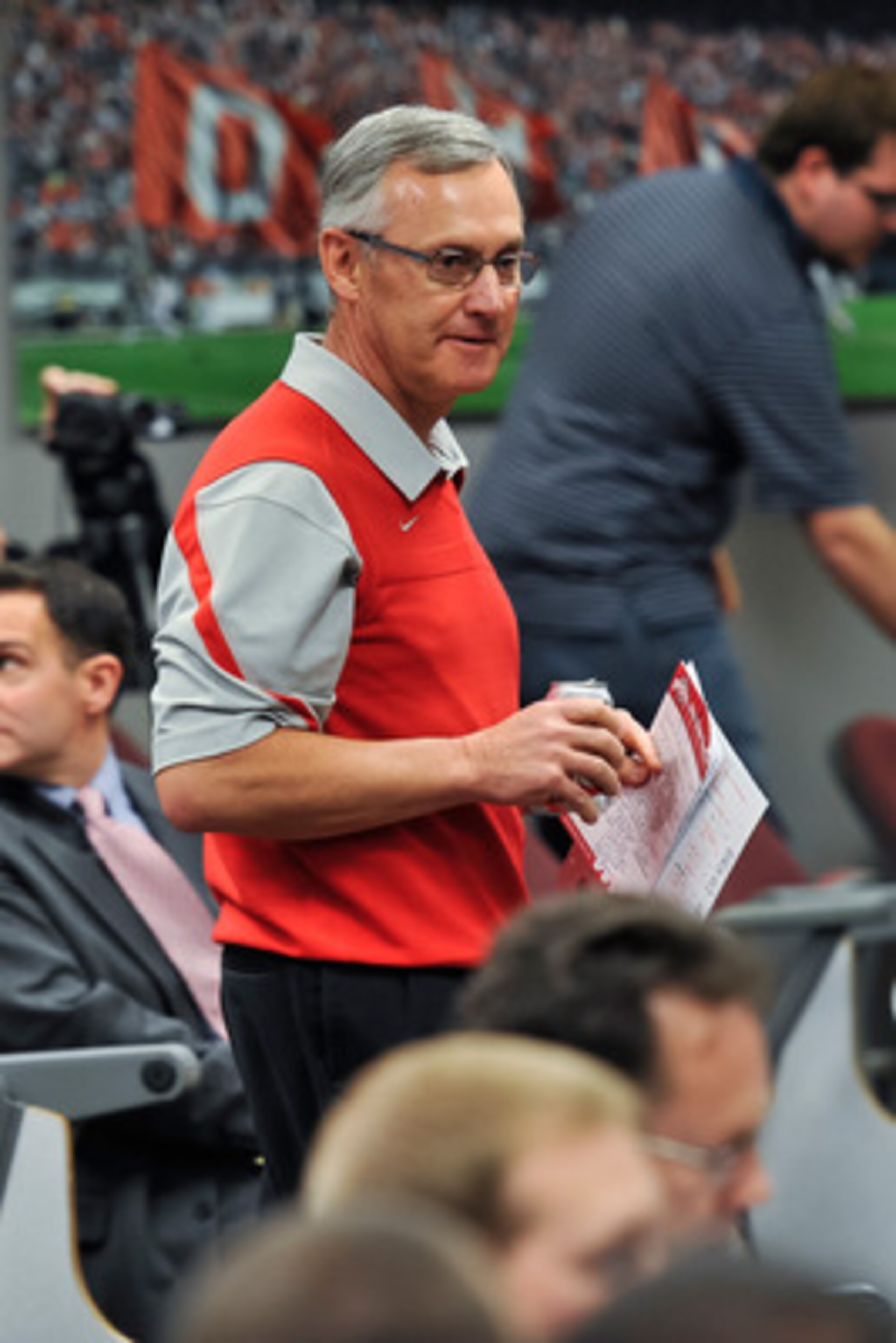 COLUMBUS, OH - MARCH 30:  Head Coach Jim Tressel enters for a press conference before the start of Spring practices at the Woody Hayes Athletic Center at The Ohio State University on March 30, 2011 in Columbus, Ohio. (Photo by Jamie Sabau/Getty Images)