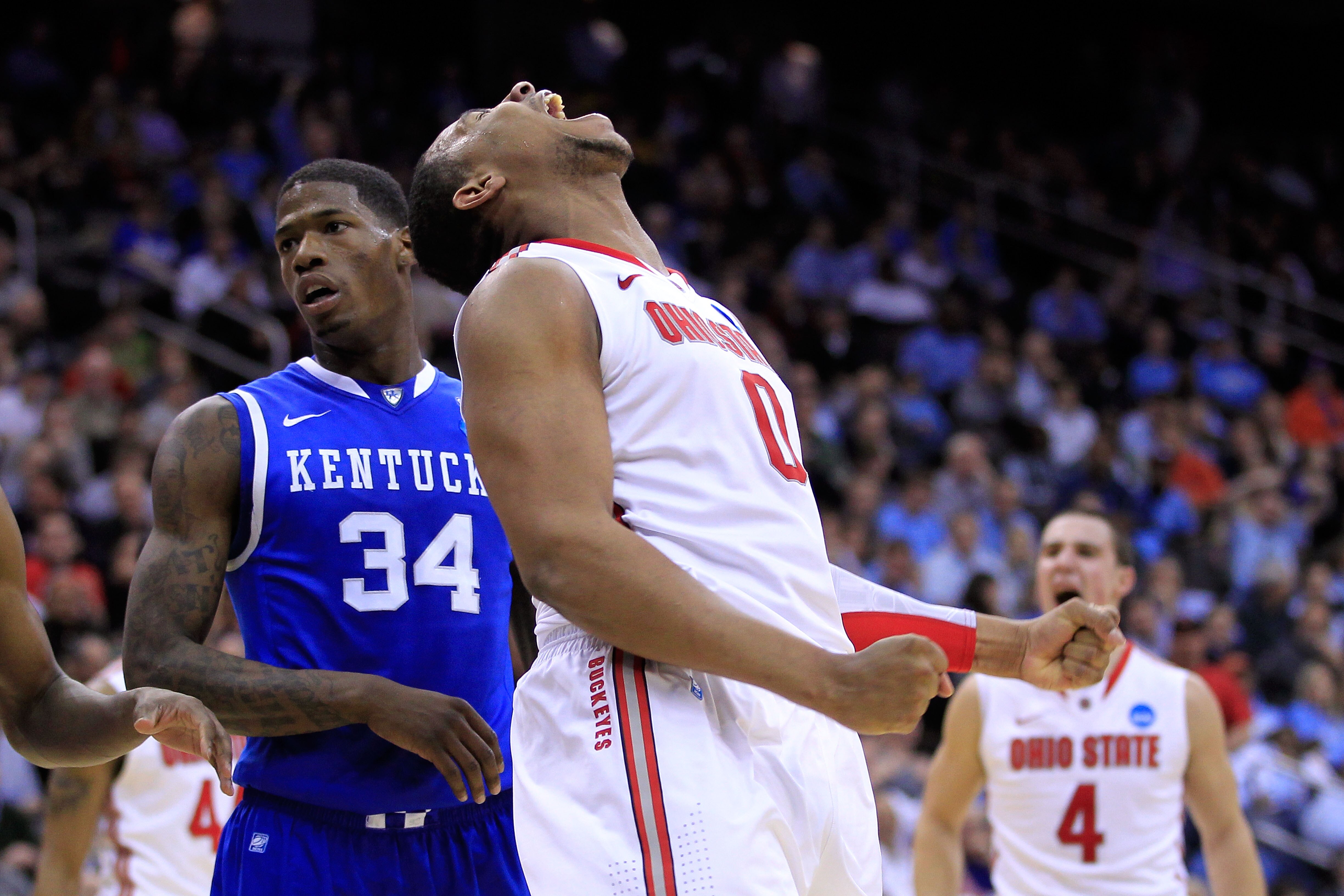 NEWARK, NJ - MARCH 25:  Jared Sullinger #0 of the Ohio State Buckeyes reacts after a point against the Kentucky Wildcats during the east regional semifinal of the 2011 NCAA Men's Basketball Tournament at the Prudential Center on March 25, 2011 in Newark,