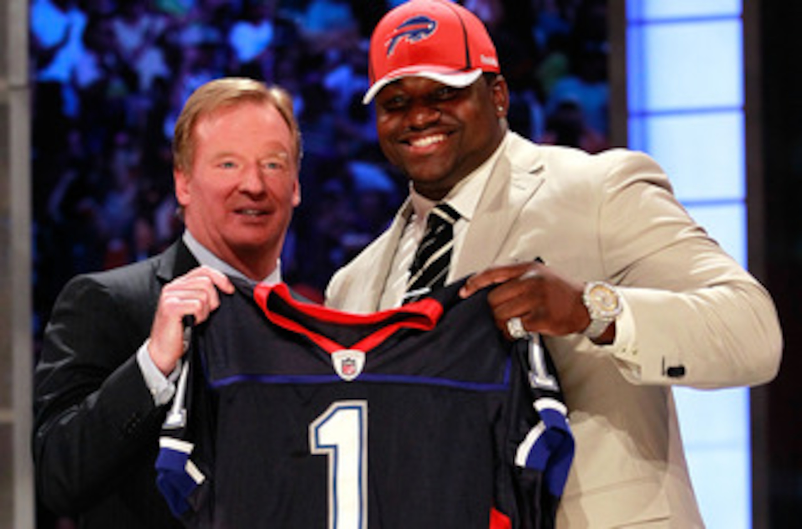 NEW YORK, NY - APRIL 28: NFL Commissioner Roger Goodell poses for a photo with Marcell Dareus, #3 overall pick by the Buffalo Bills, as Dareus holds up a jersey during the 2011 NFL Draft at Radio City Music Hall on April 28, 2011 in New York City. (Phot NEW YORK, NY - APRIL 28: NFL Commissioner Roger Goodell poses for a photo with Marcell Dareus, #3 overall pick by the Buffalo Bills, as Dareus holds up a jersey during the 2011 NFL Draft at Radio City Music Hall on April 28, 2011 in New York City. (Phot