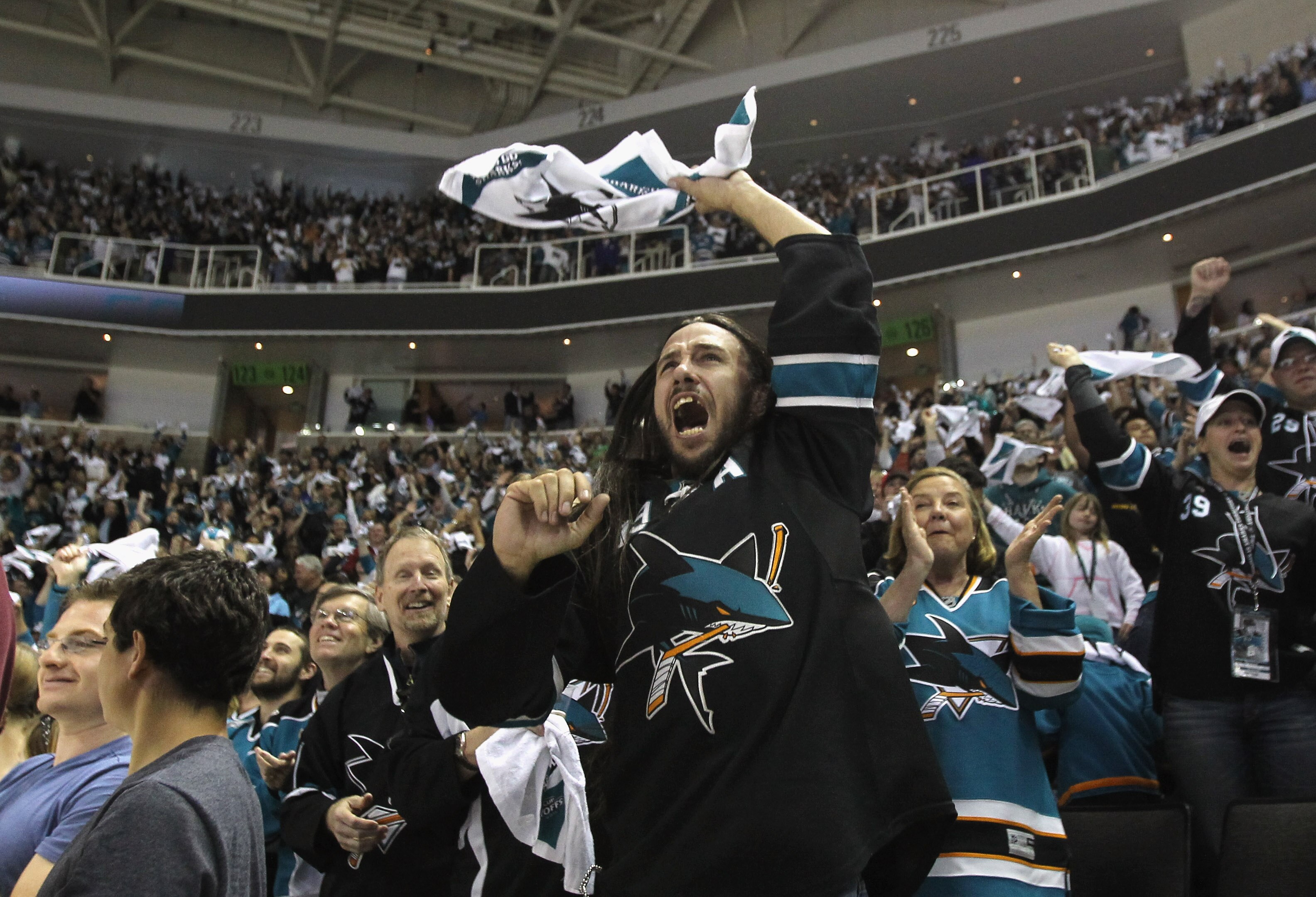 SAN JOSE, CA - MAY 01:  A San Jose Sharks fan celebrates after the Sharks went up 2-0 over the Detroit Red Wings  in Game Two of the Western Conference Semifinals during the 2011 NHL Stanley Cup Playoffs at HP Pavilion on May 1, 2011 in San Jose, Californ