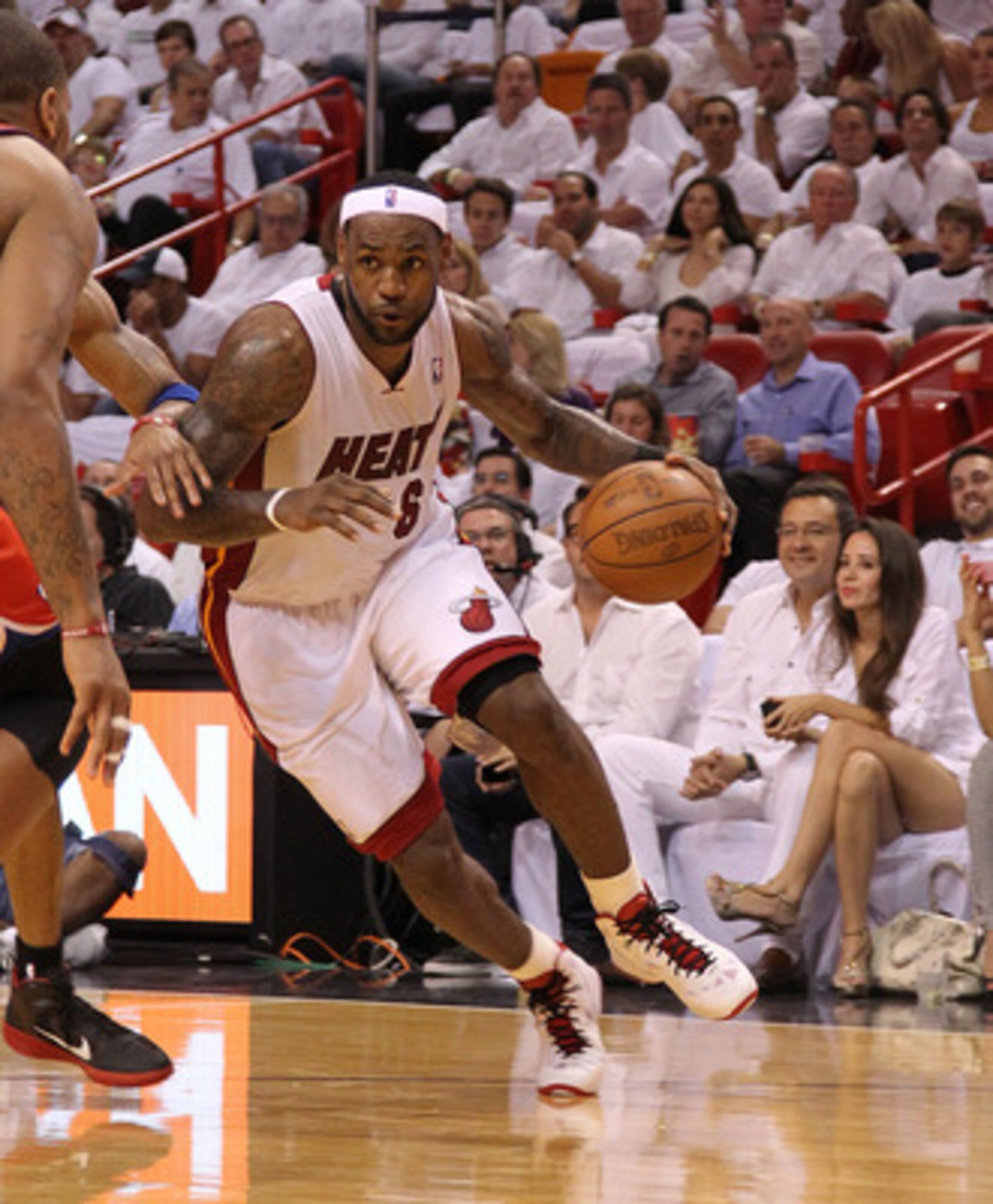 MIAMI, FL - APRIL 18:  LeBron James #6 of the Miami Heat drives into the lane during game two of the Eastern Conference Quarterfinals against the Philadelphia 76ers at American Airlines Arena on April 18, 2011 in Miami, Florida. NOTE TO USER: User express