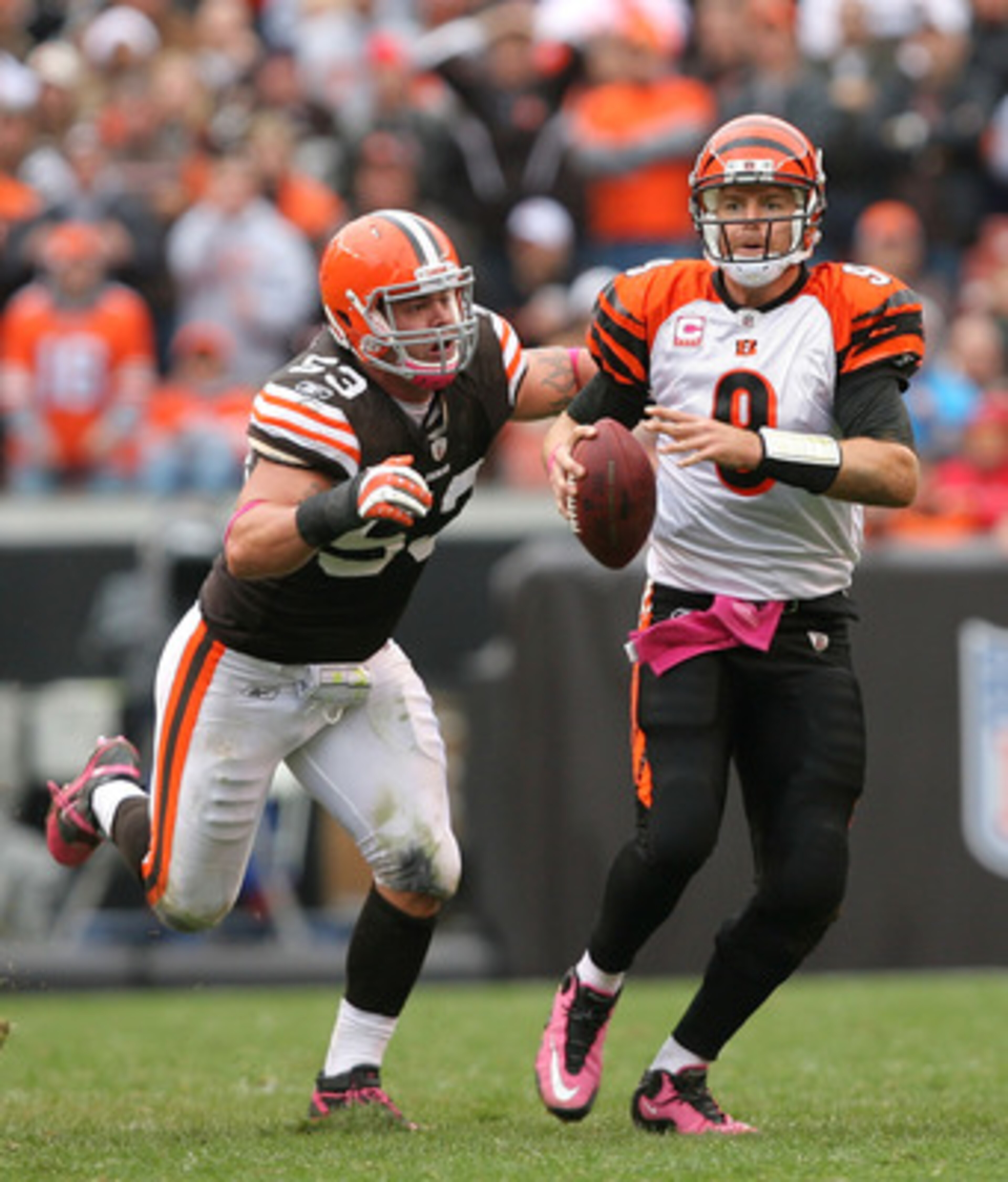 CLEVELAND - OCTOBER 03:  Matt Roth #53 of the Cleveland Browns sacks quarterback Carson Palmer #9 of the Cincinnati Bengals at Cleveland Browns Stadium on October 3, 2010 in Cleveland, Ohio.  (Photo by Matt Sullivan/Getty Images)
