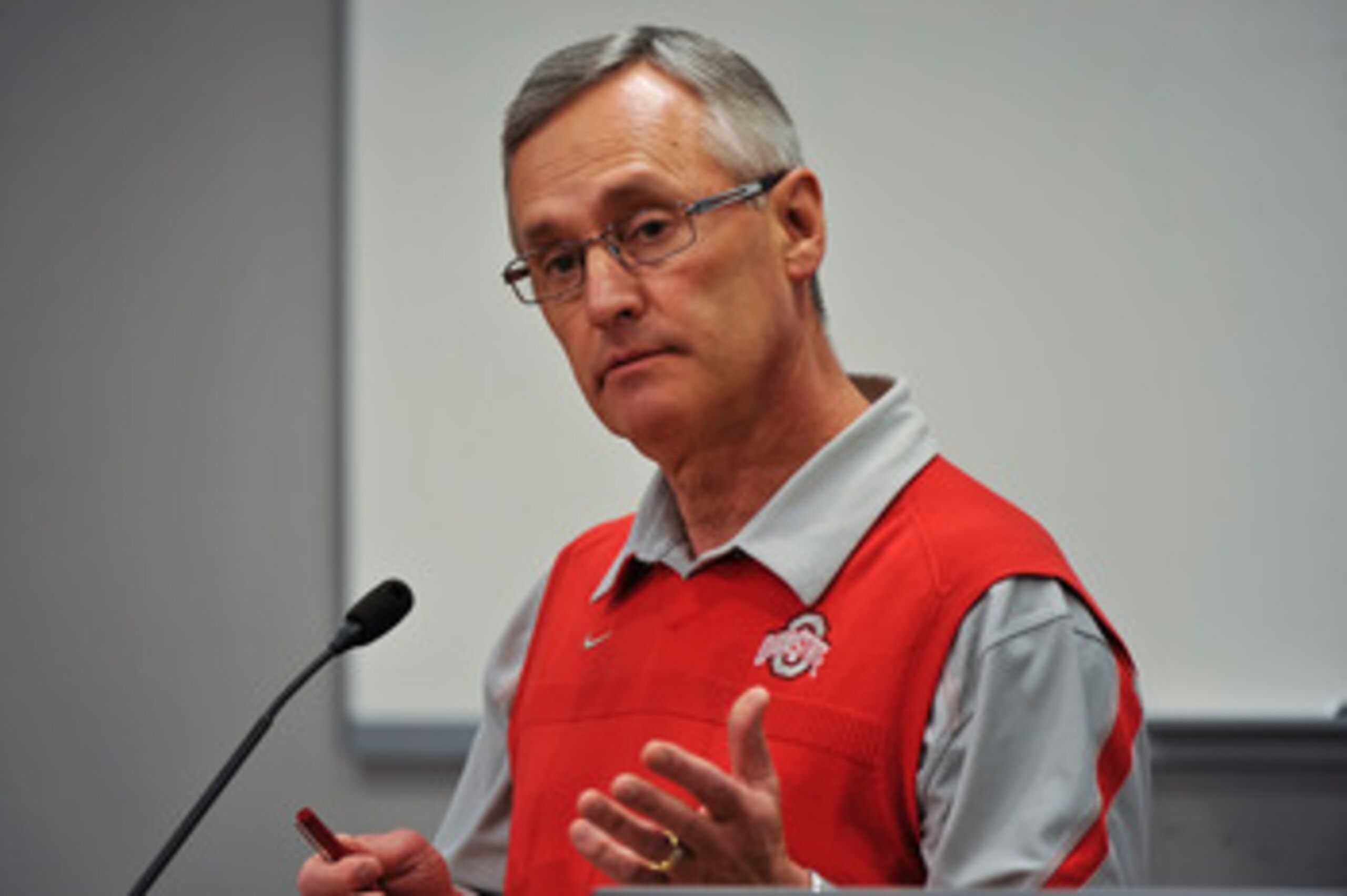 COLUMBUS, OH - MARCH 30:  Head Coach Jim Tressel speaks to the media during a press conference before the start of Spring practices at the Woody Hayes Athletic Center at The Ohio State University on March 30, 2011 in Columbus, Ohio. (Photo by Jamie Sabau/