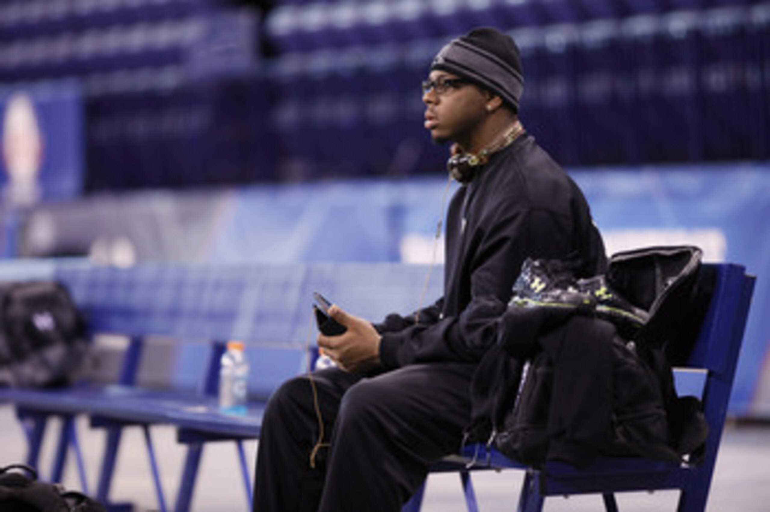 INDIANAPOLIS, IN - FEBRUARY 28:  Defensive lineman Da'Quan Bowers of Clemson sits on the bench during the 2011 NFL Scouting Combine at Lucas Oil Stadium on February 28, 2011 in Indianapolis, Indiana. (Photo by Joe Robbins/Getty Images)